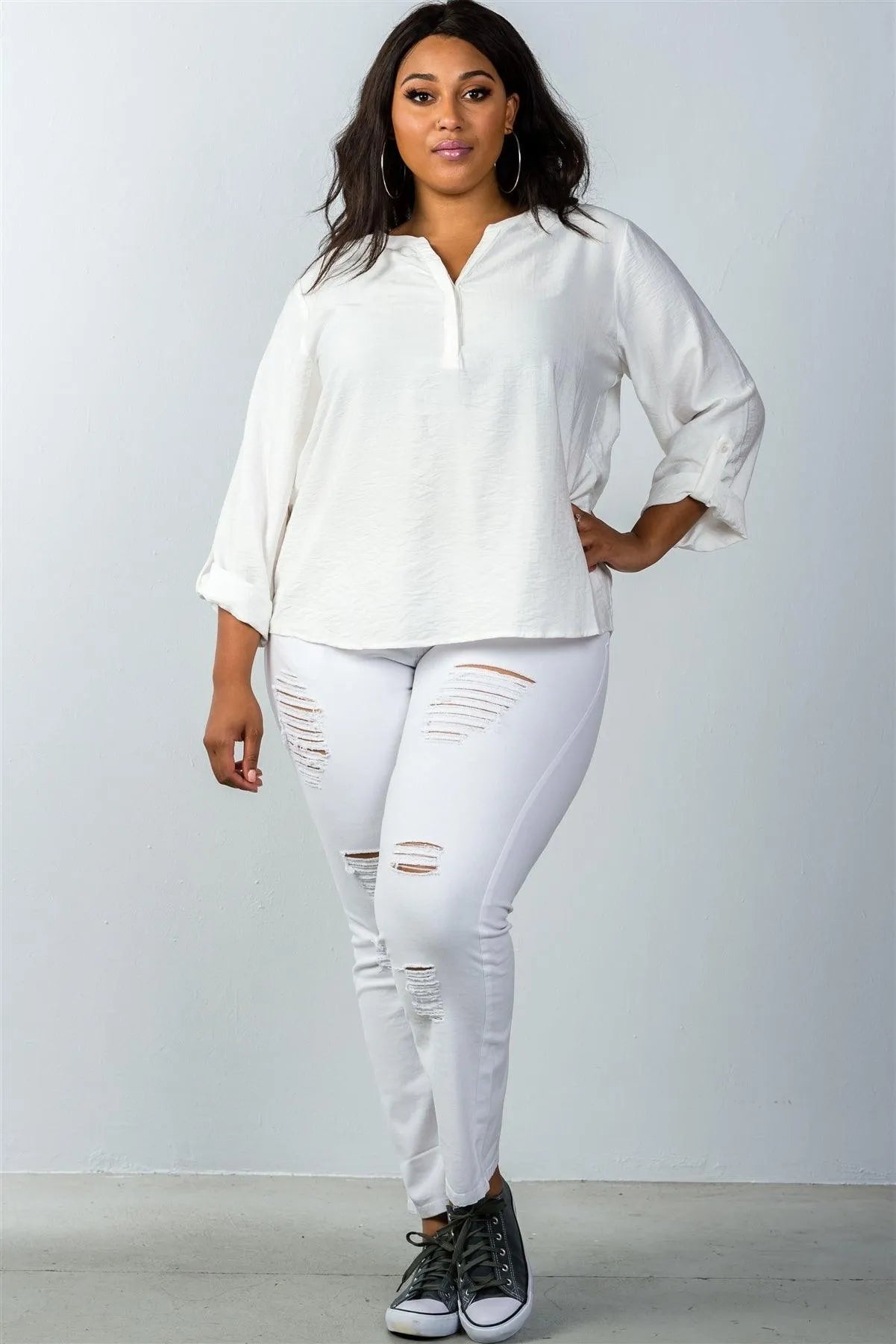 Plus Size Stand-Up Collar Roll Tab Sleeve Blouse - Tasha Apparel Wholesale