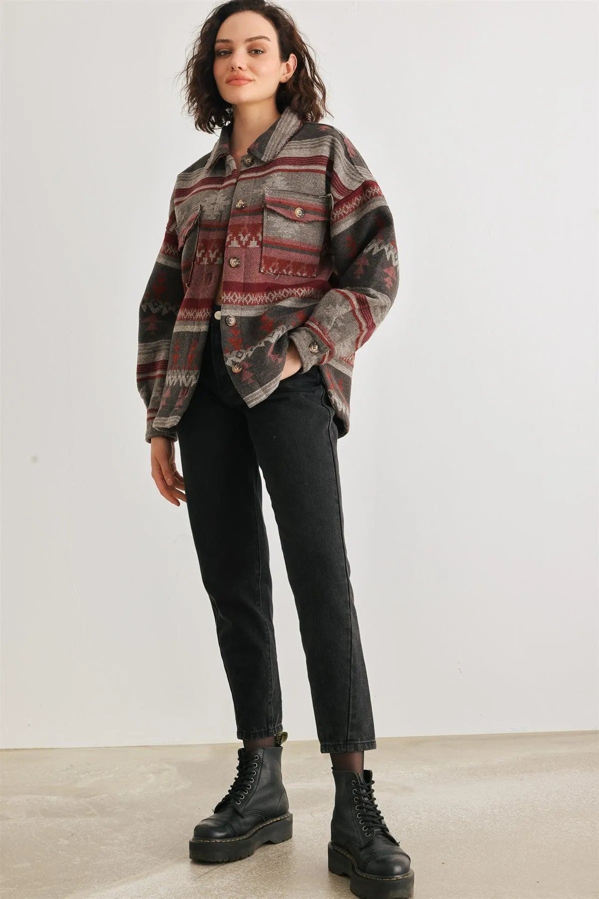 Grey Mix Tribal Print Button-Up Collared Neck Four Pocket Long Sleeve Jacket /2-2-2 - Tasha Apparel Wholesale
