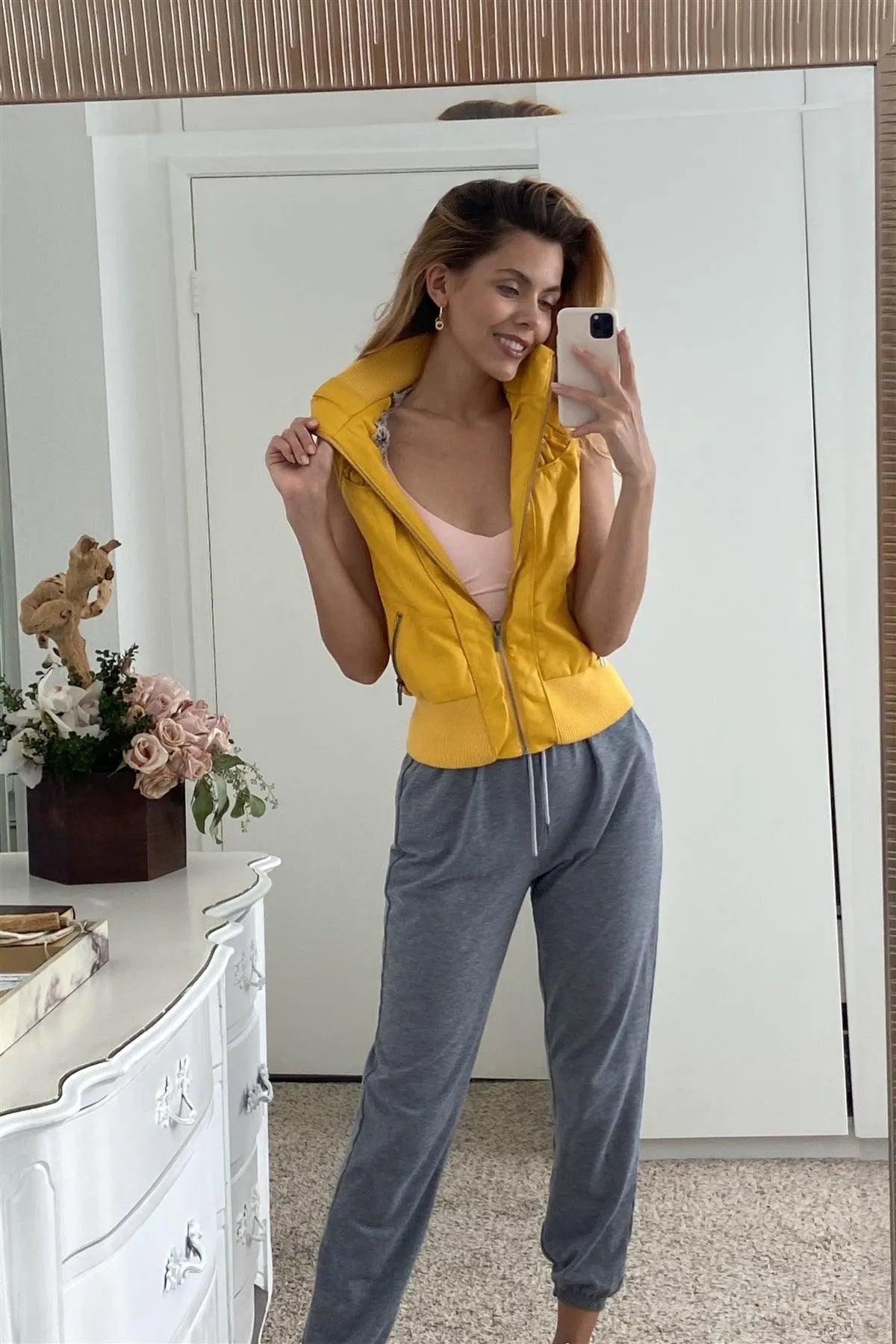 Mustard Funnel Neck Faux Leather Sleeveless Vest - Tasha Apparel Wholesale