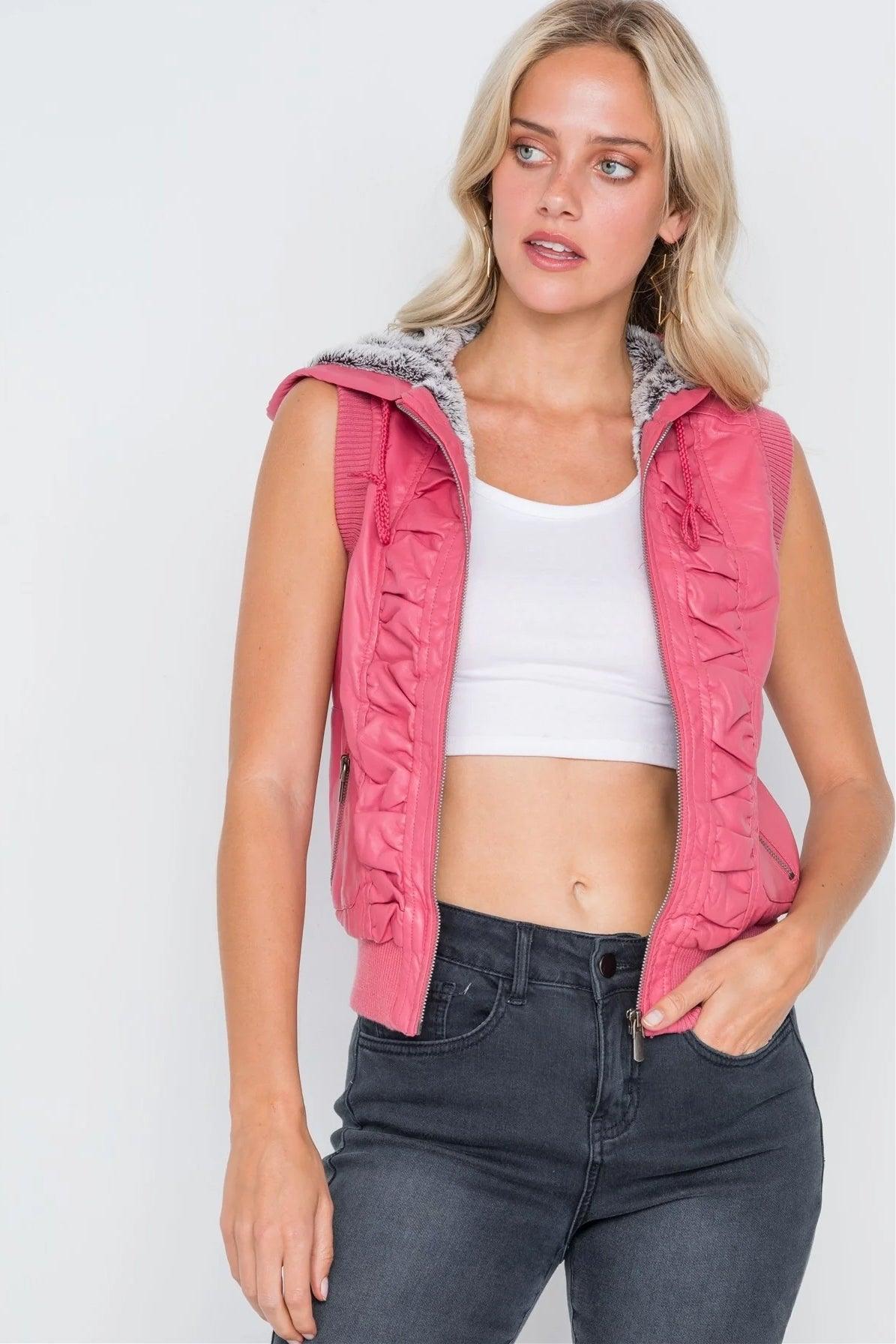 Pink Shirred Hooded Faux Leather Vest