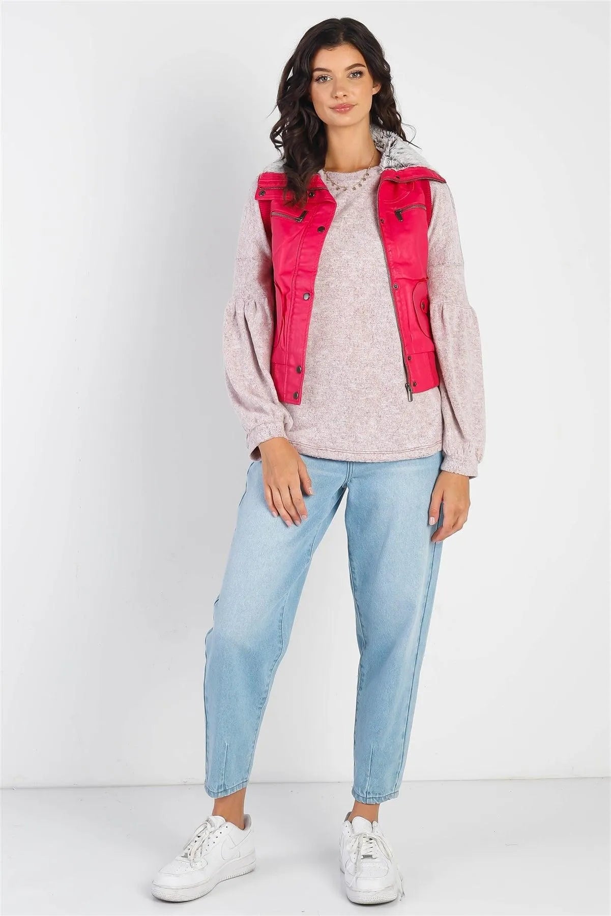 Fuchsia Funnel Neck Zip-Up Vest - Tasha Apparel Wholesale