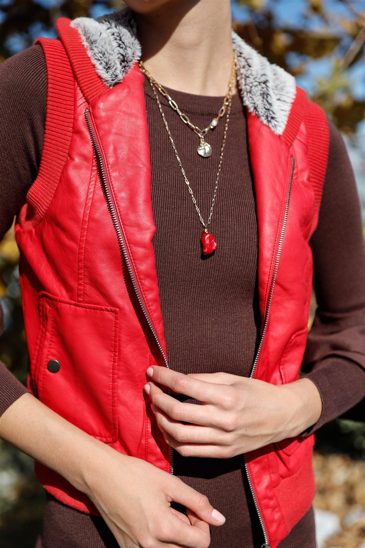 Red Faux Leather Hooded Vest