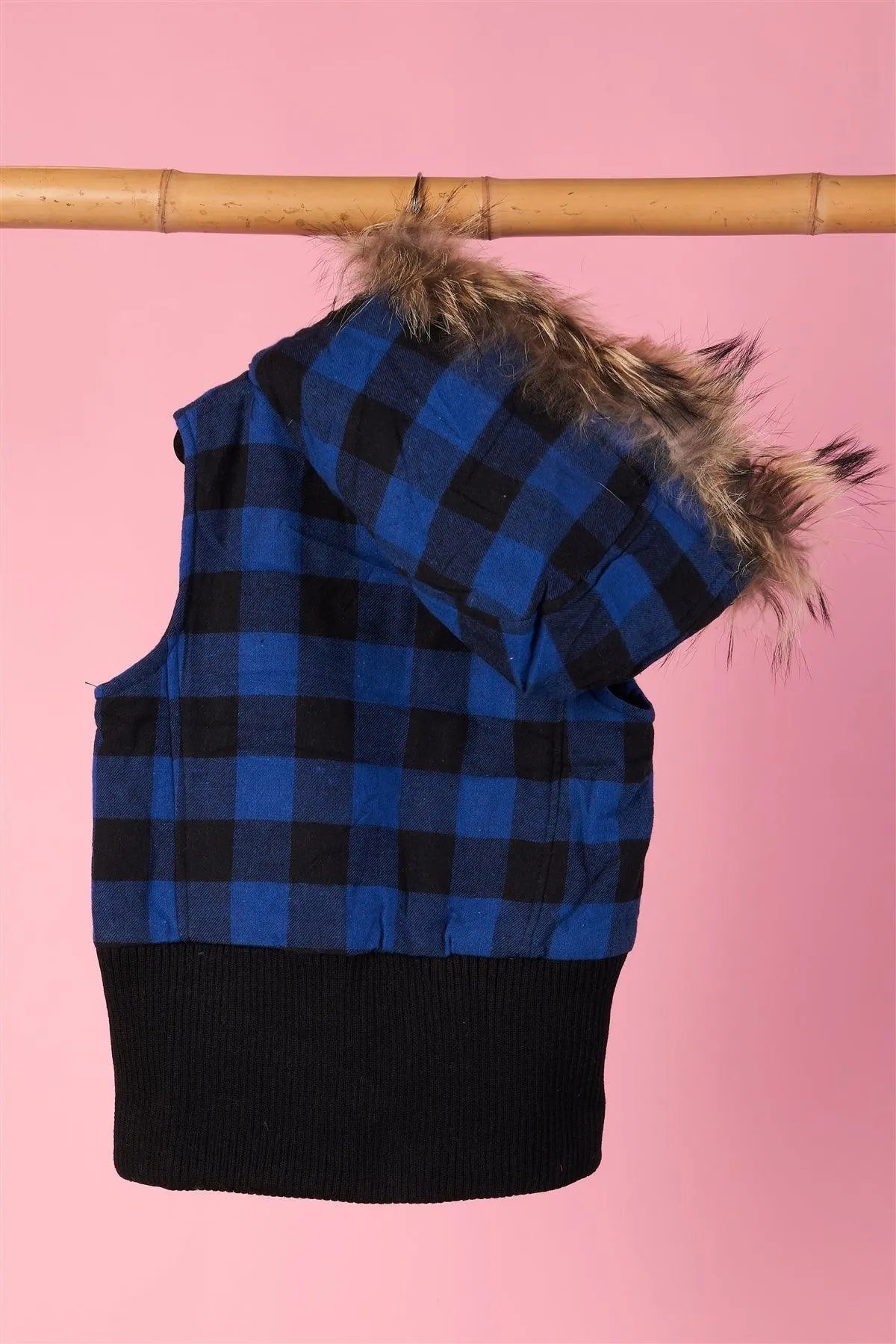 Girls Toddler Black and Blue Checkered Fur Vest - Tasha Apparel Wholesale
