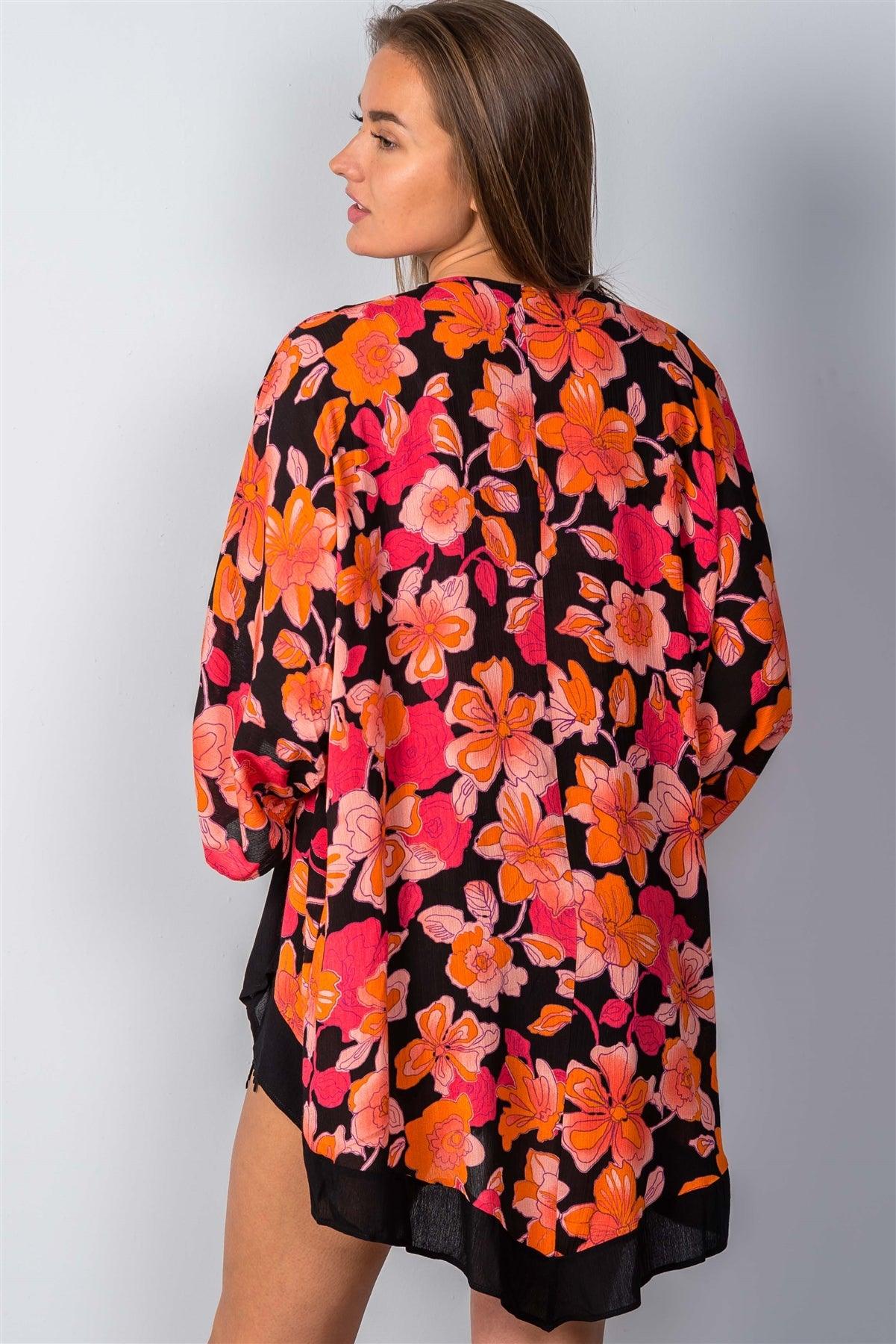Black & Floral Print Kimono /2-2-1