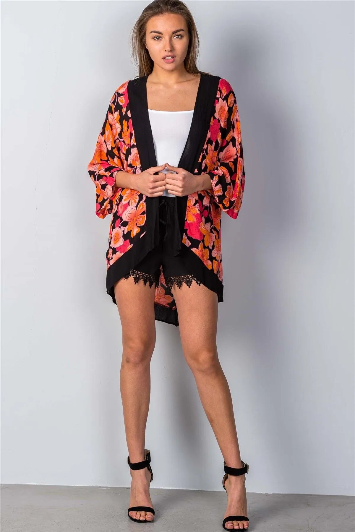 Black Red Floral Print Wide Sleeves Flowy Kimono /2-2-1 - Tasha Apparel Wholesale