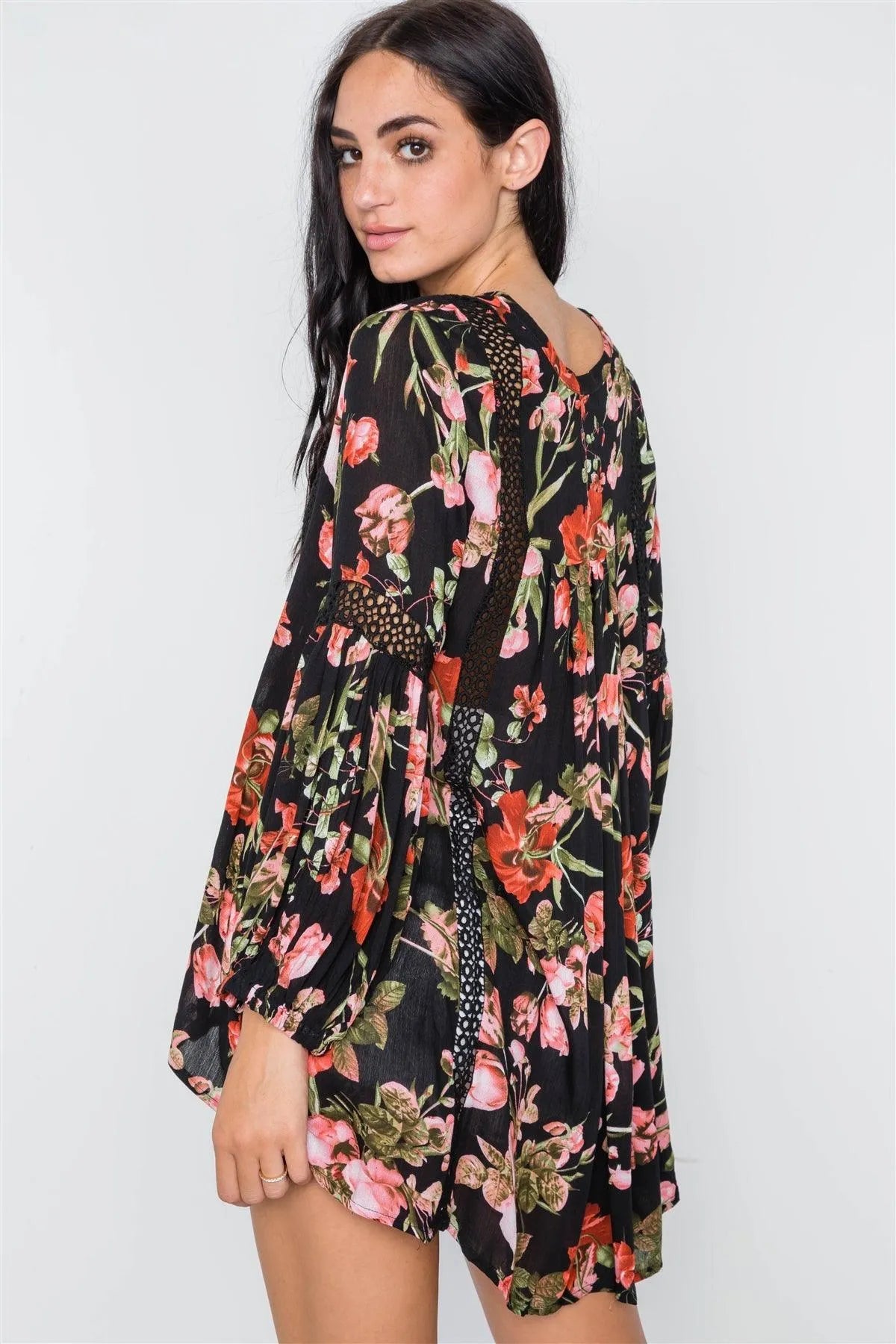 Black Floral V-Neck High Low Crochet Trim /3-2-1 - Tasha Apparel Wholesale