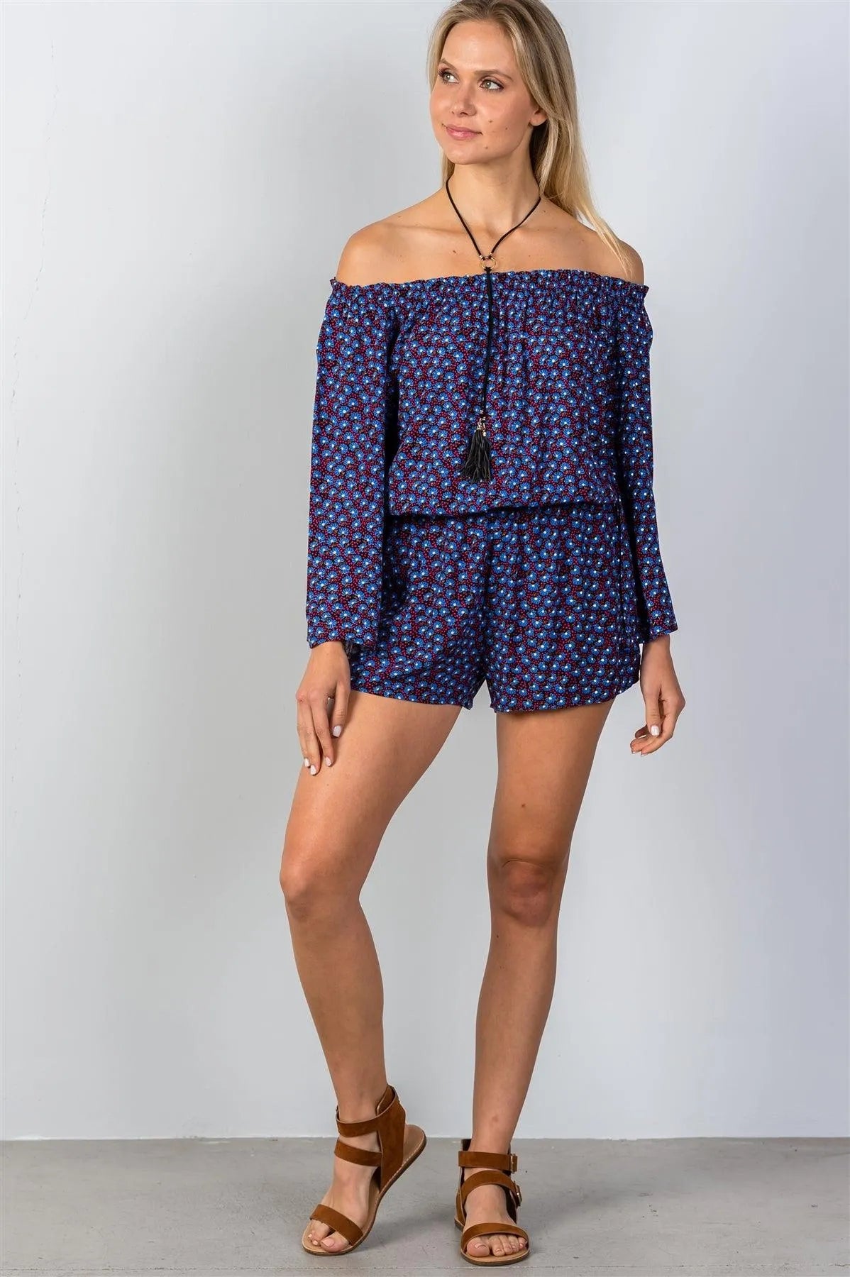 Navy & Floral Print Off-The-Shoulder Romper /2-2-1 - Tasha Apparel Wholesale