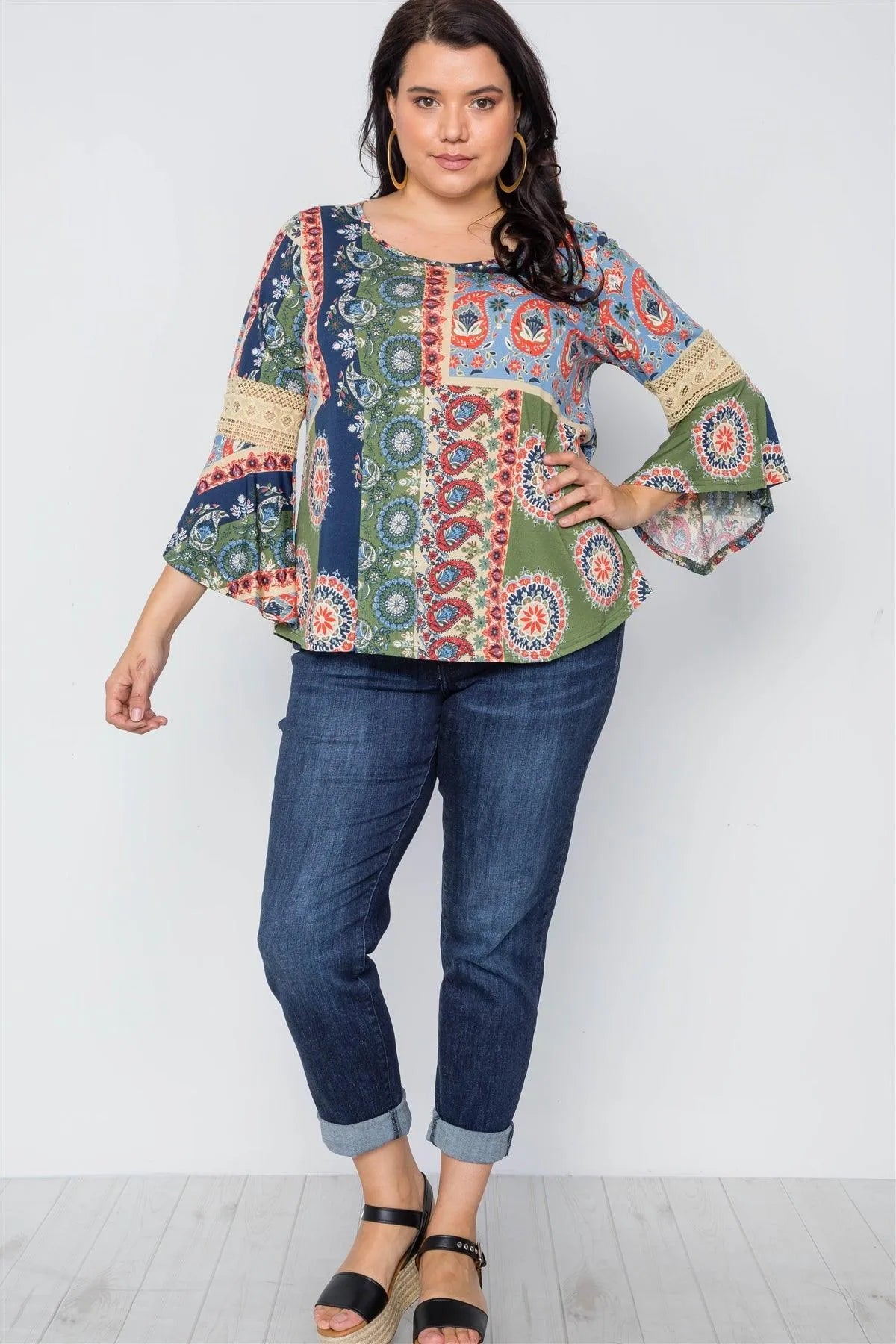 Boho Multi Color Boho Contemporary Bell Sleeve Plus Size Top /2-2-2 - Tasha Apparel Wholesale