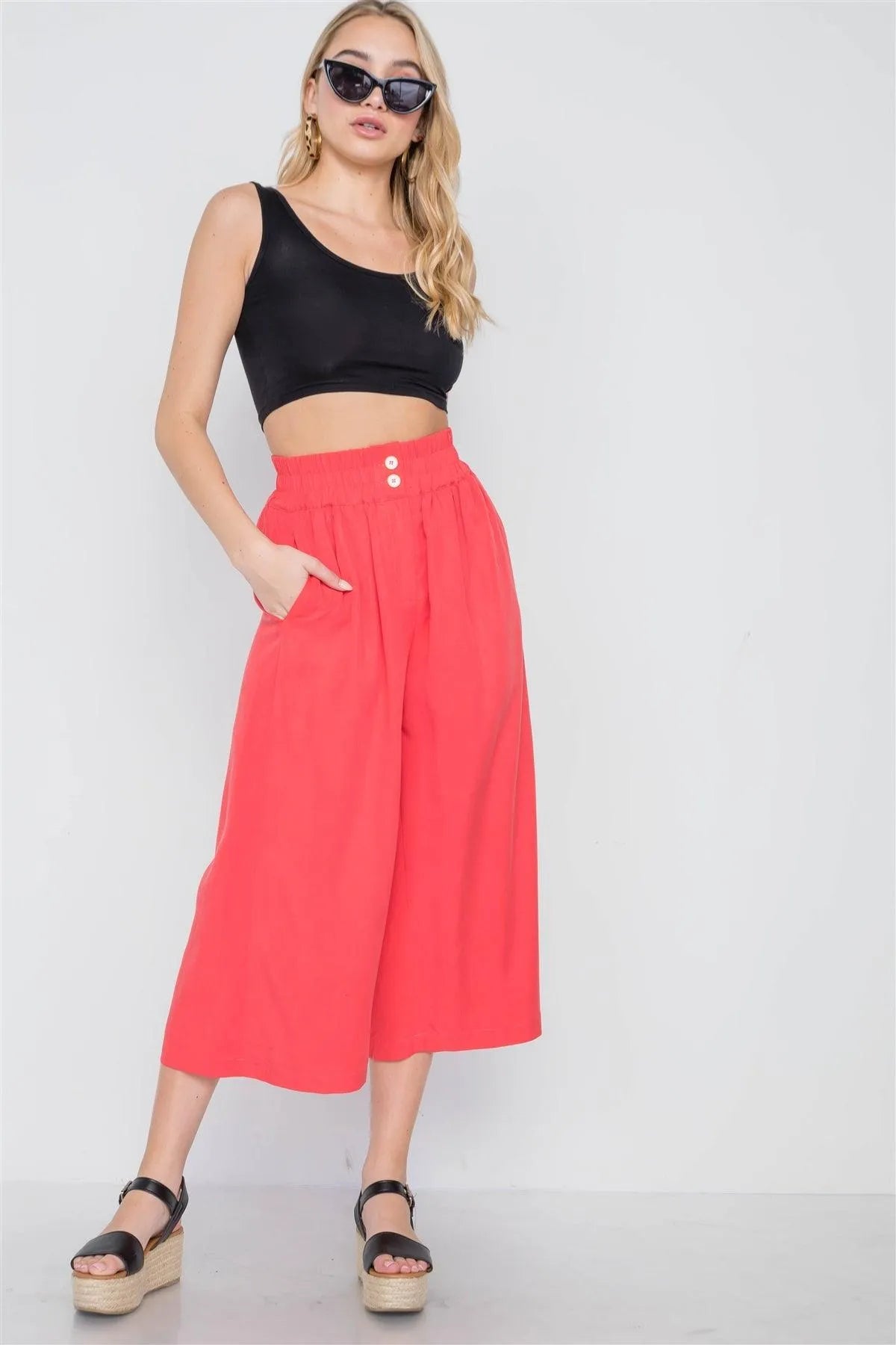 Coral Wide Leg Cropped High-Waist Pants - Tasha Apparel Wholesale