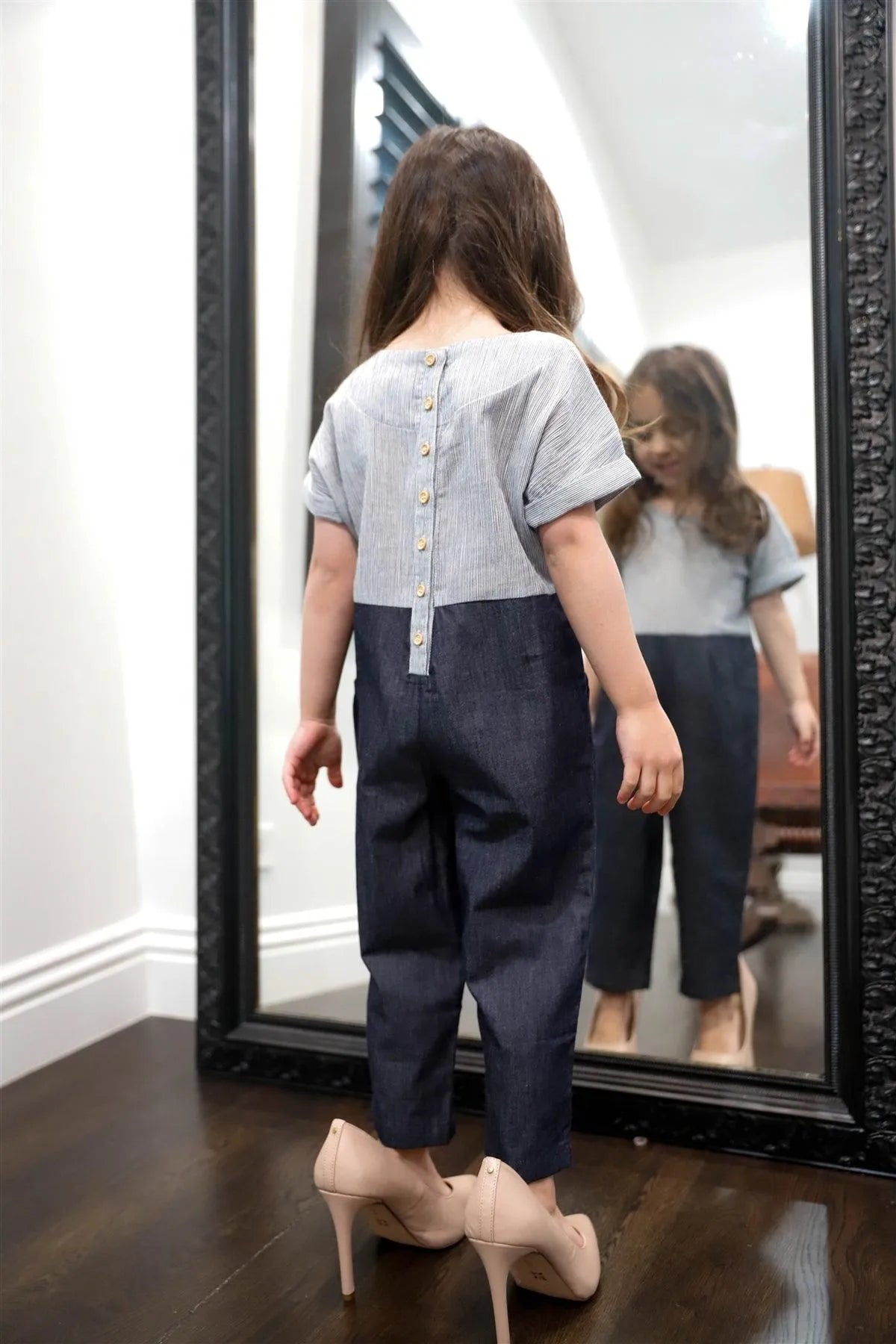 Toddler Girls Navy Stripe Colorblock Back Button Up Detail Jumpsuit /1-1-2 - Tasha Apparel Wholesale