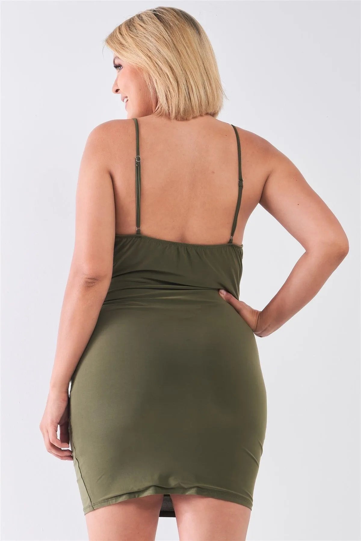 Junior Plus Size Olive Spaghetti Strap Silky Cowl Neck Bodycon Cami Mini Dress /2-2-2 - Tasha Apparel Wholesale