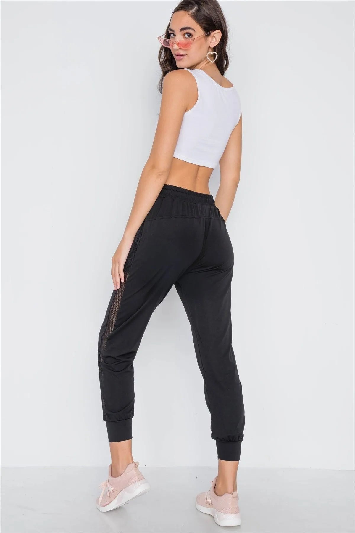 Black Mid-Rise Mash-Paneled Sporty Joggers Pants /3-3 - Tasha Apparel Wholesale