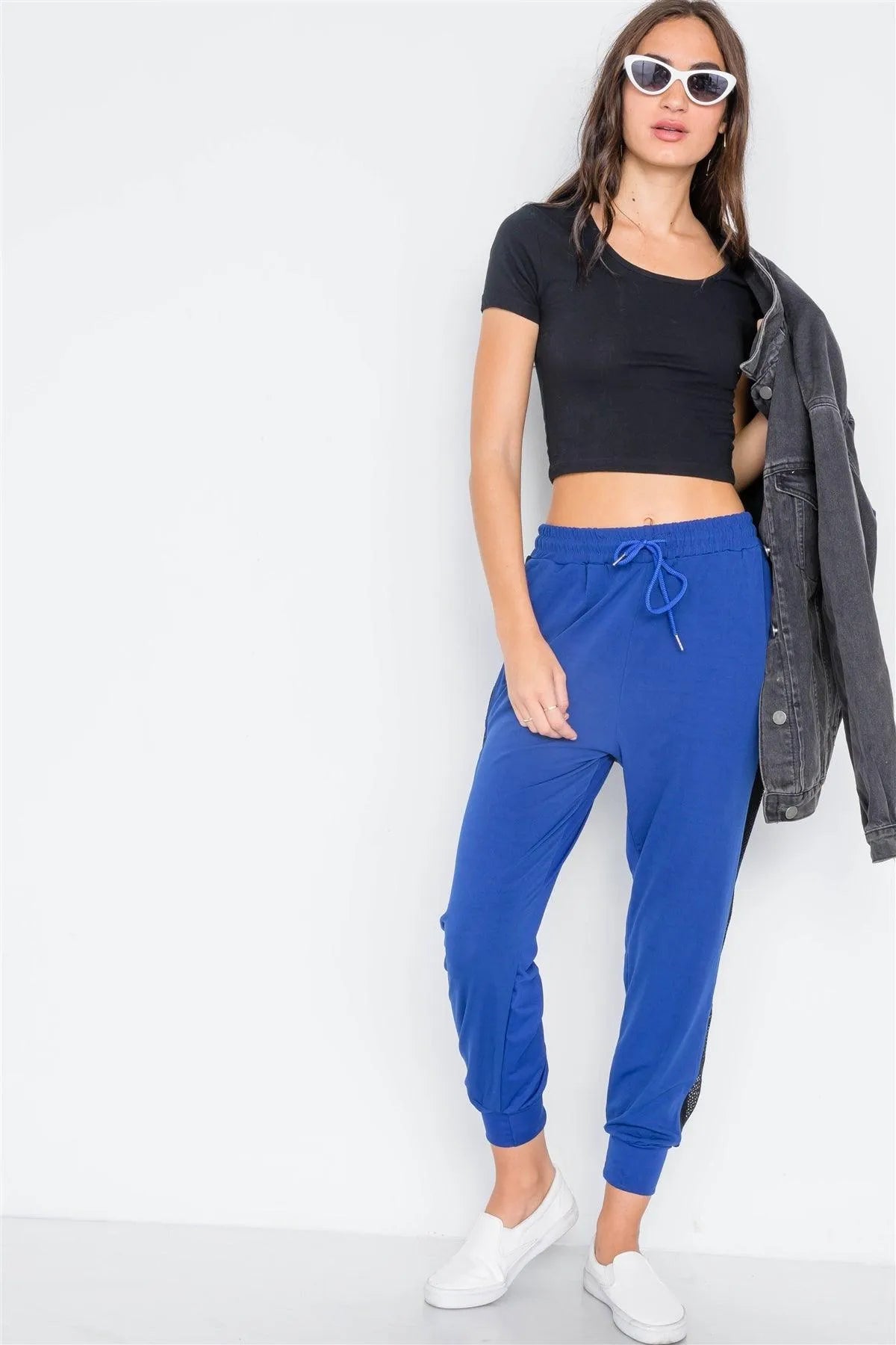 Blue Mid-Rise Mash-Paneled Sporty Joggers Pants - Tasha Apparel Wholesale
