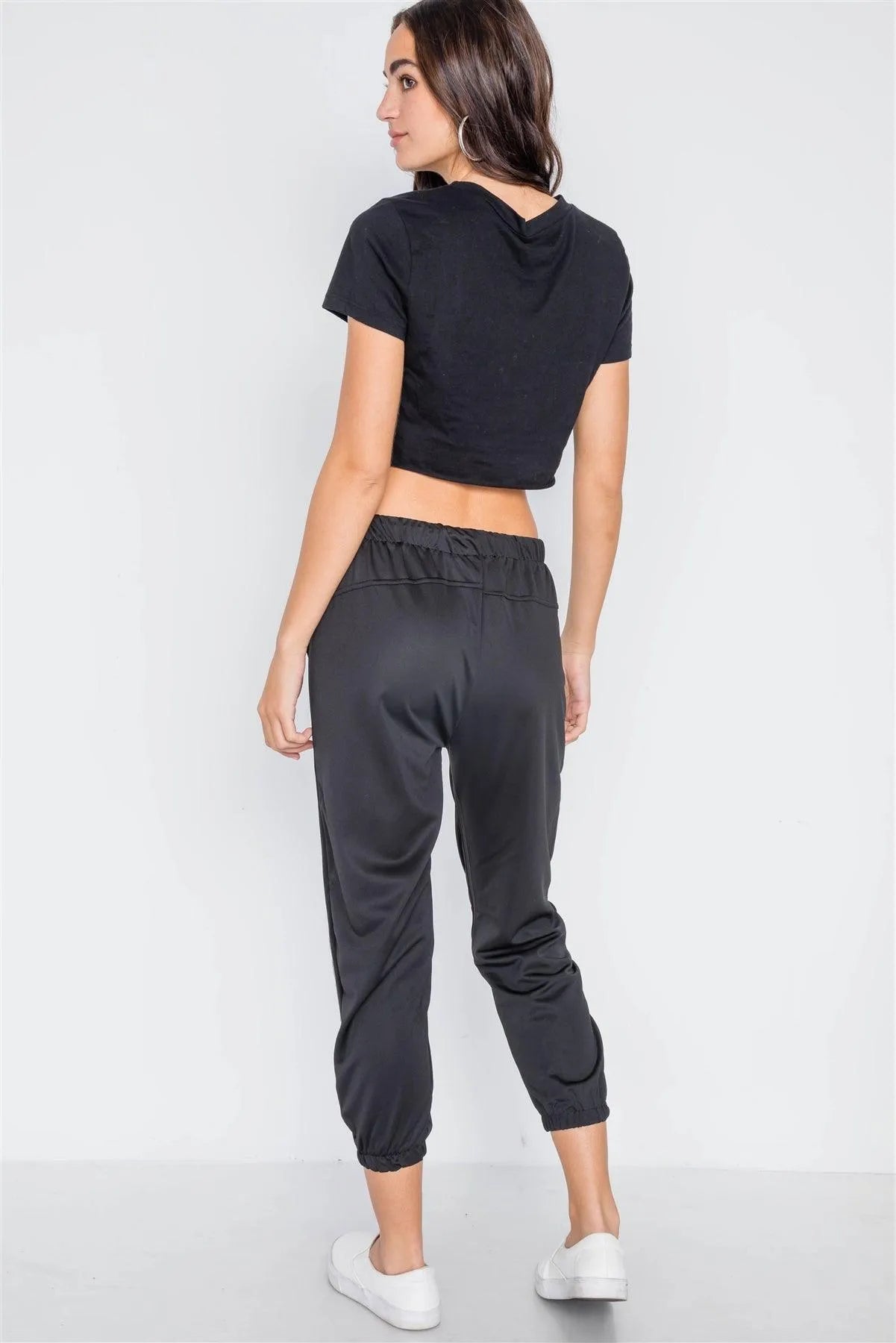 Black Mid-Rise Contrast Trim Sporty Joggers Pants /4-3 - Tasha Apparel Wholesale