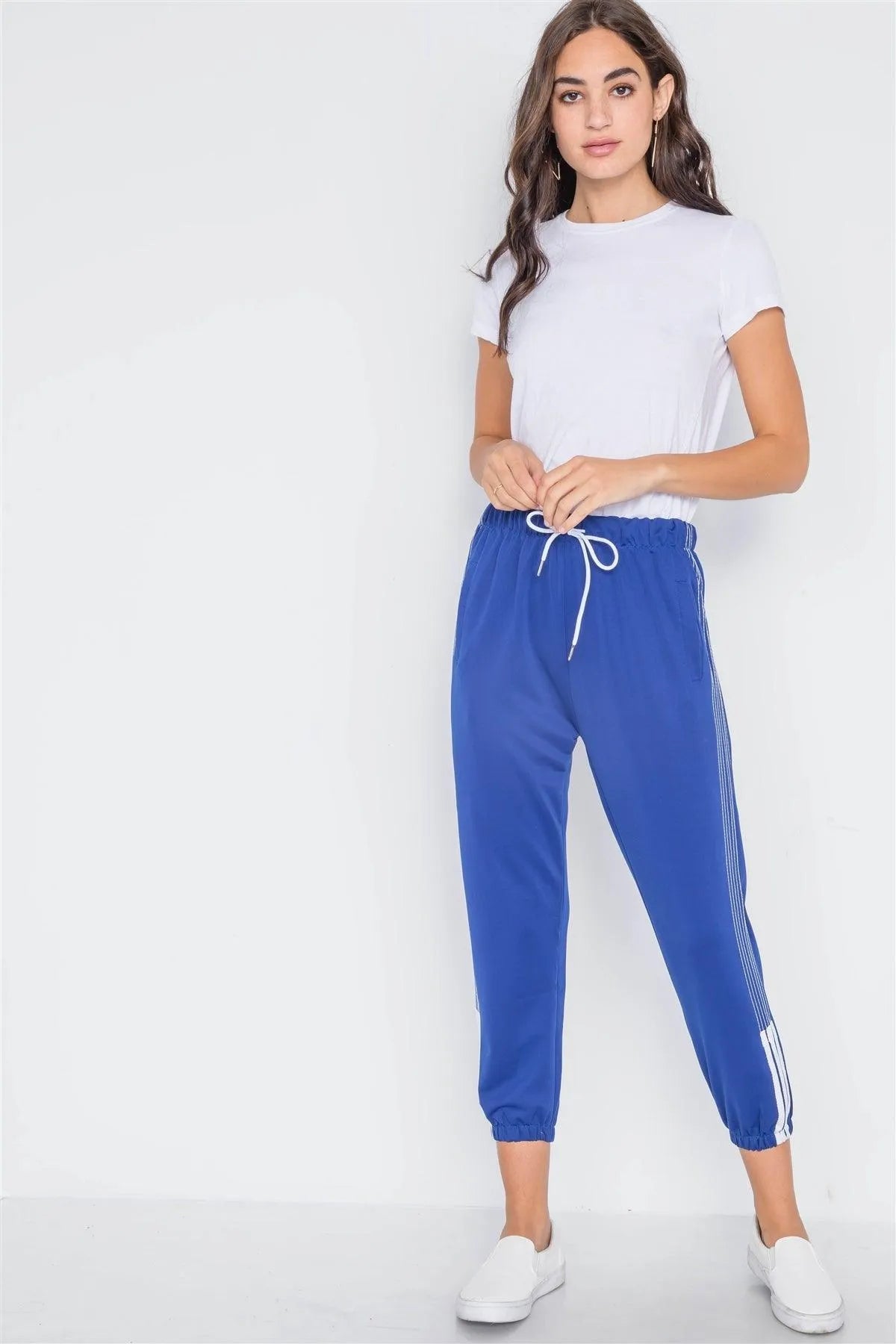 Blue Mid-Rise Contrast Trim Sporty Joggers Pants /3-4 - Tasha Apparel Wholesale