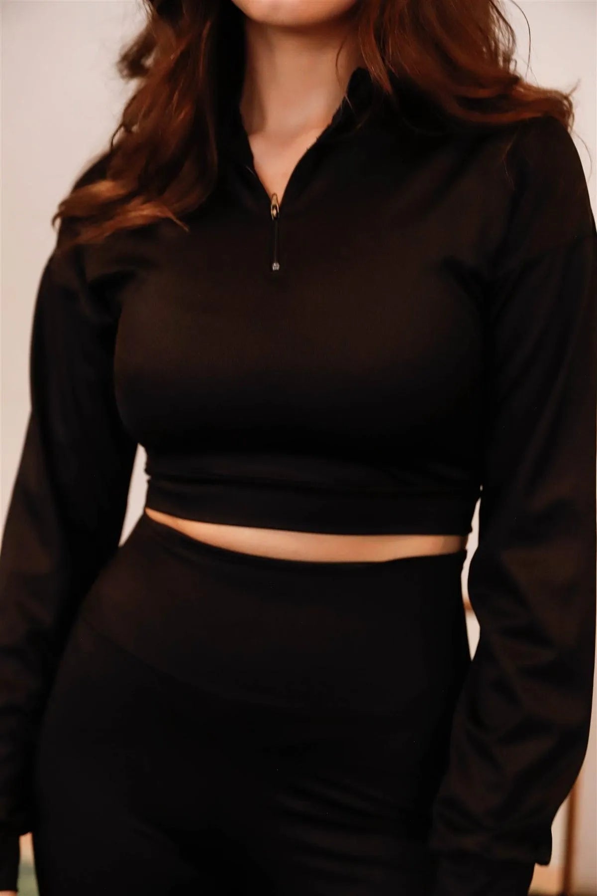 Black Shine Half Zip Front Mock Neck Cropped Top & High Waist Leggings Set /2-2 - Tasha Apparel Wholesale