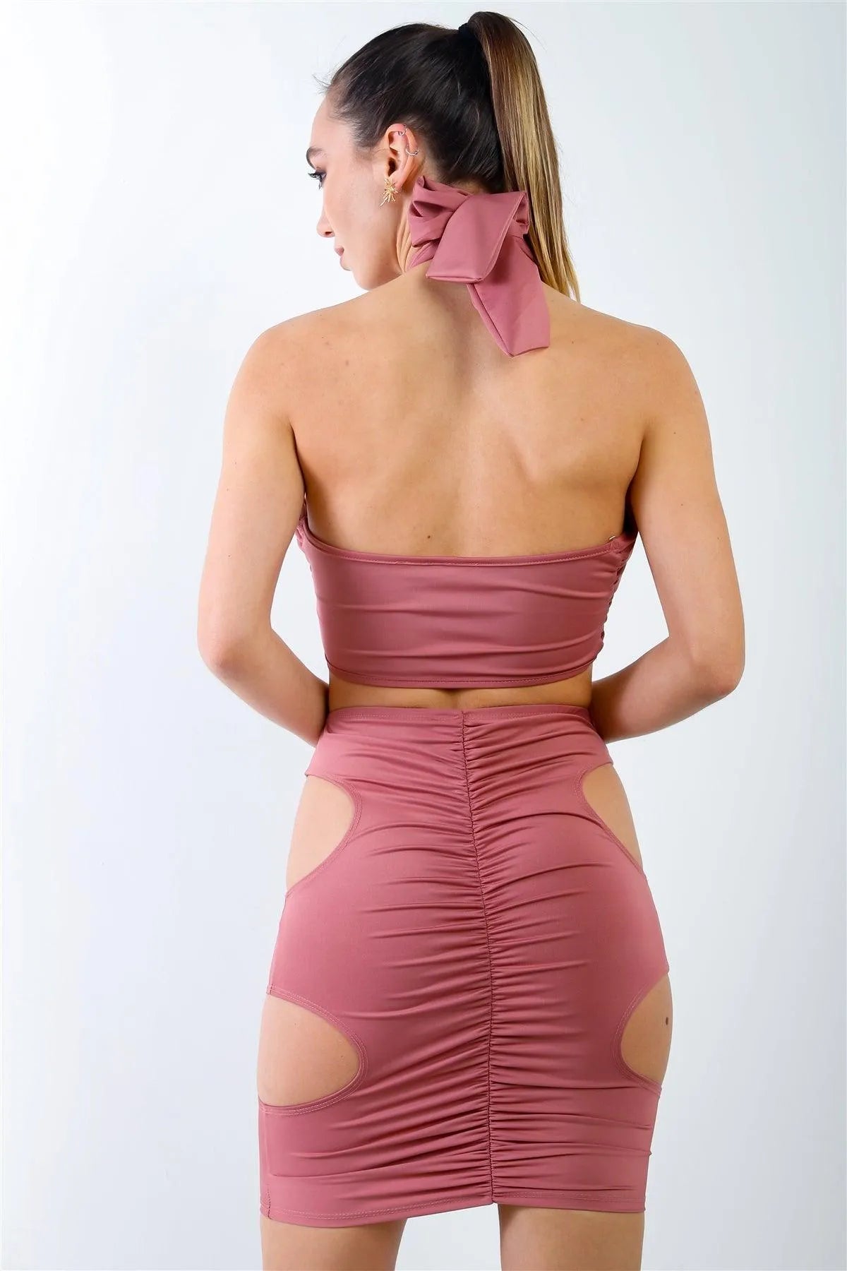 Rose Wraparound Halter Top & Ruched Side Cut-Out Details Skirt Set /1-2-2 - Tasha Apparel Wholesale