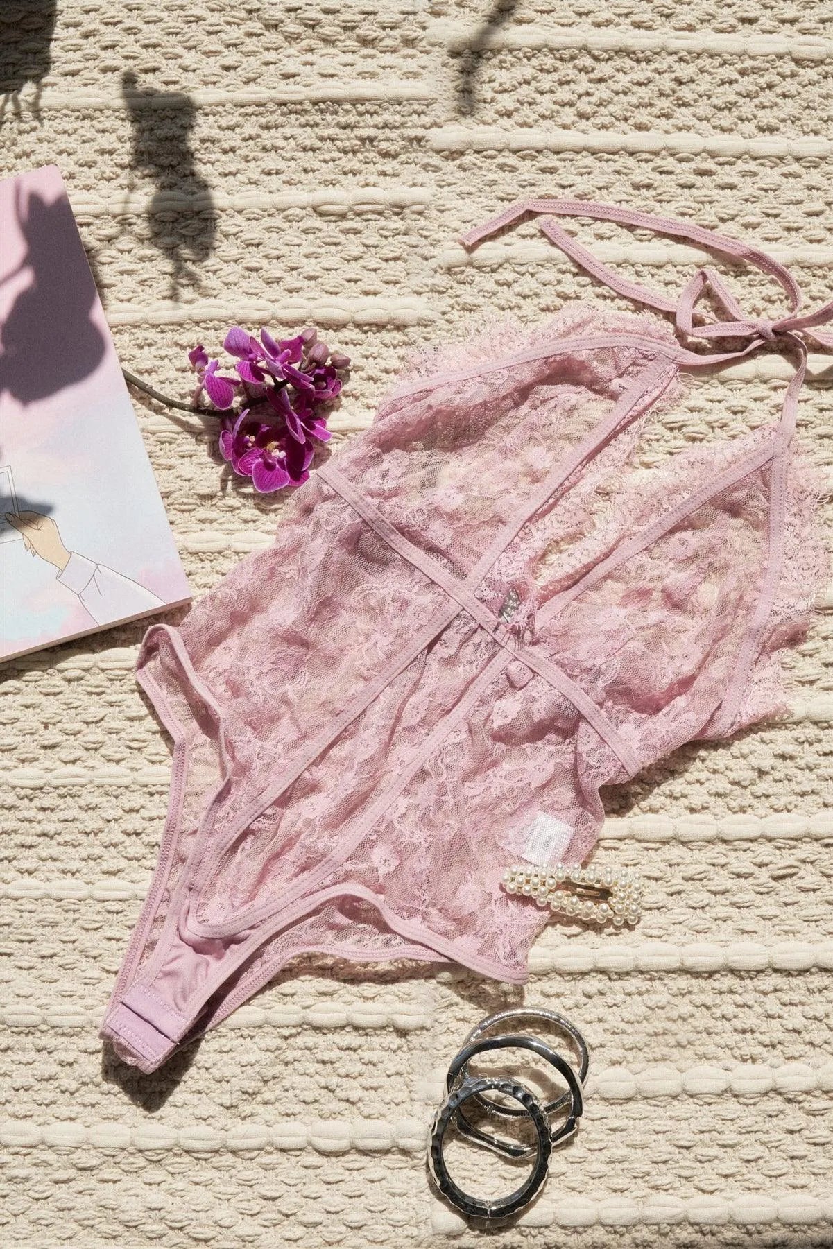 Lavender Floral Lace Stretchy Halter Tie Plunge V-Neck Bodysuit - Tasha Apparel Wholesale