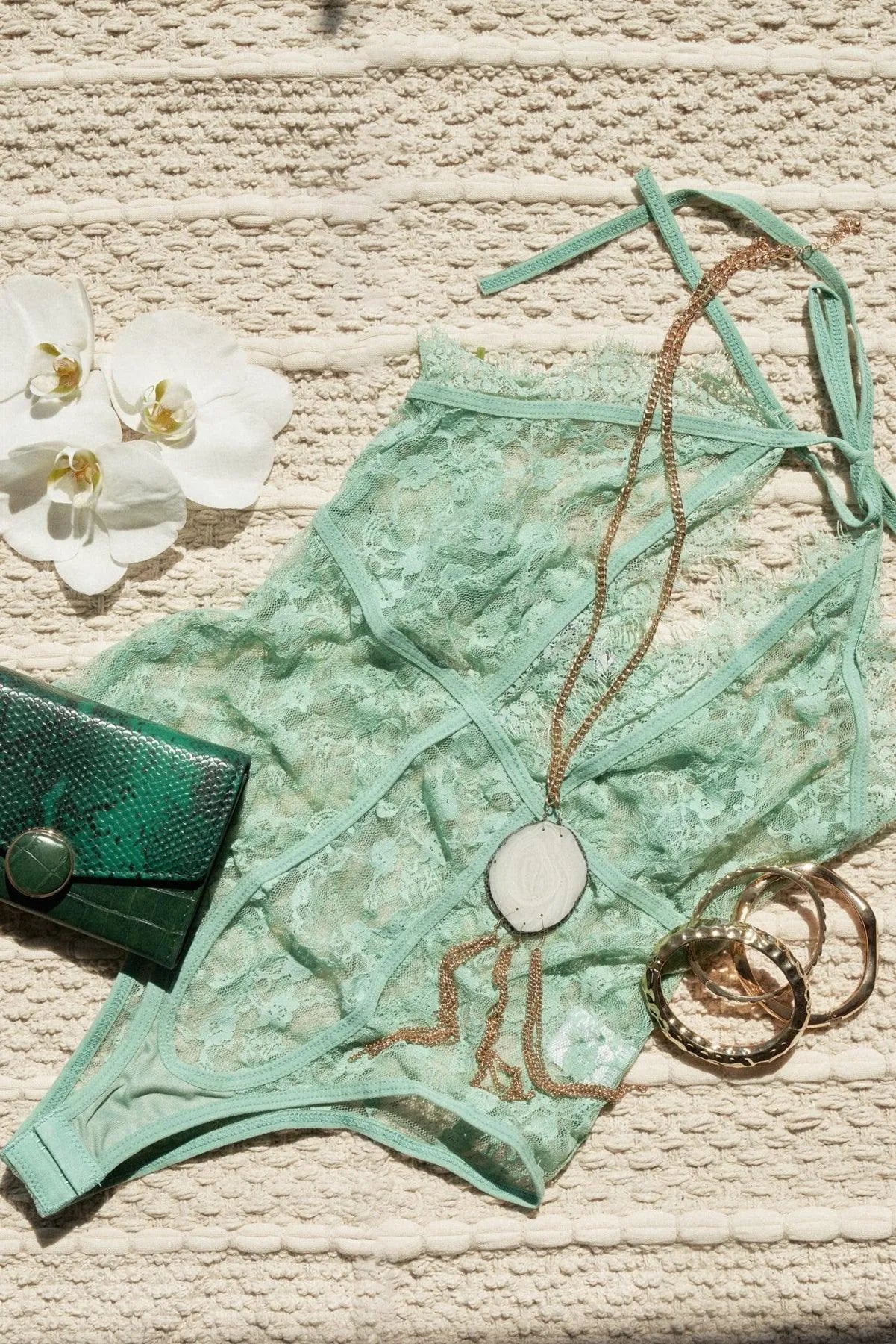 Mint Floral Lace Stretchy Halter Tie Plunge V-Neck Bodysuit - Tasha Apparel Wholesale