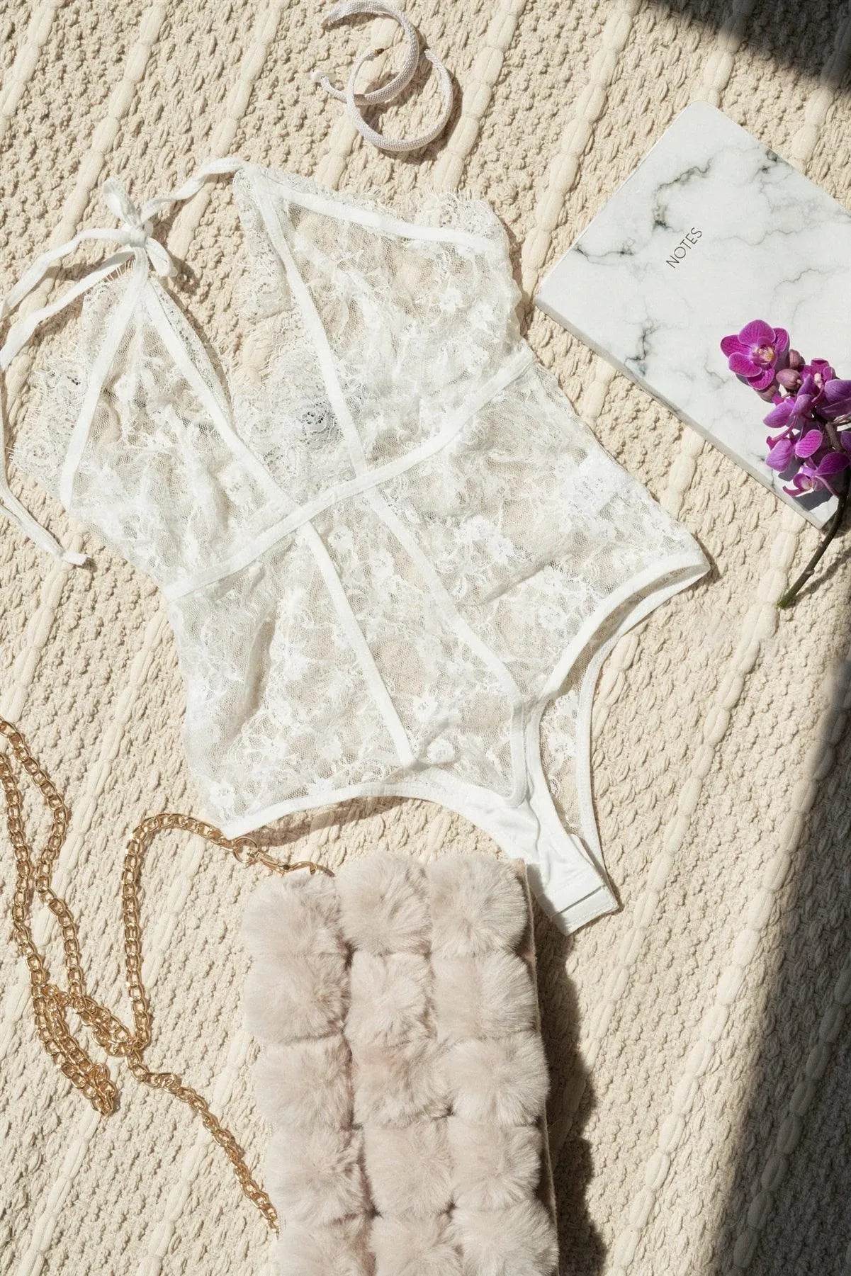 White Floral Lace Stretchy Halter Tie Plunge V-Neck Bodysuit - Tasha Apparel Wholesale