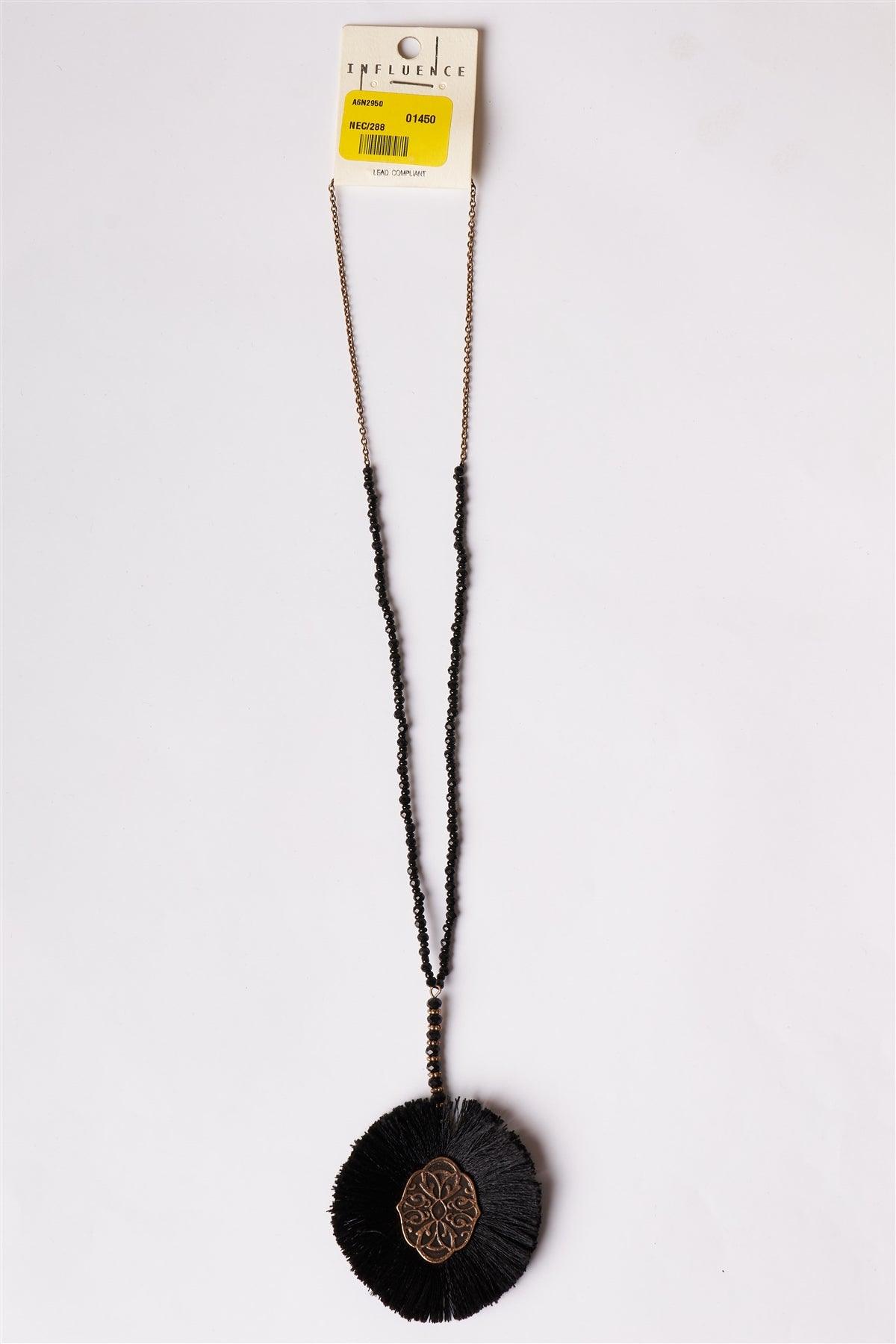 Jet Black Etched Tassel Pendant Necklace /1 Piece