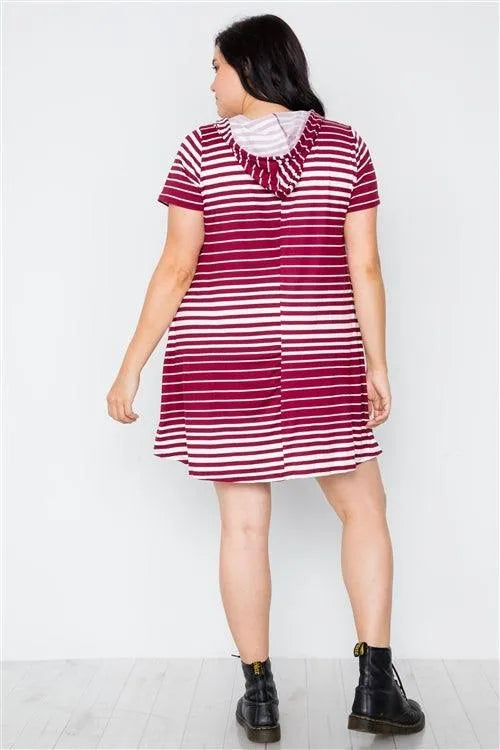Plus Size Dark Burgundy Stripe Short Sleeve Hooded Shirt Mini Dress - Tasha Apparel Wholesale