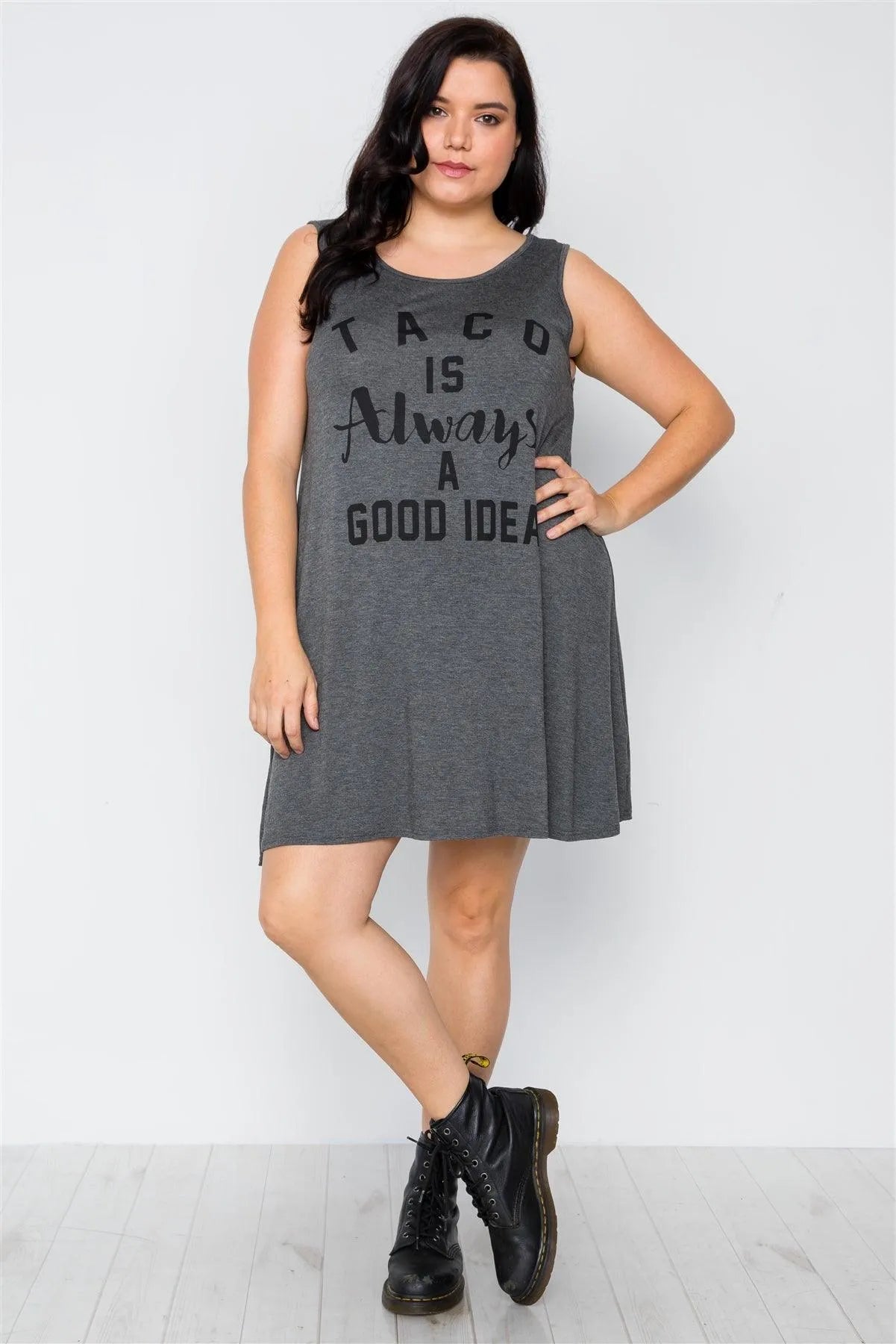 Junior Plus Size Charcoal Graphic Print Sleeveless Tunic Dress /1-2-1 - Tasha Apparel Wholesale