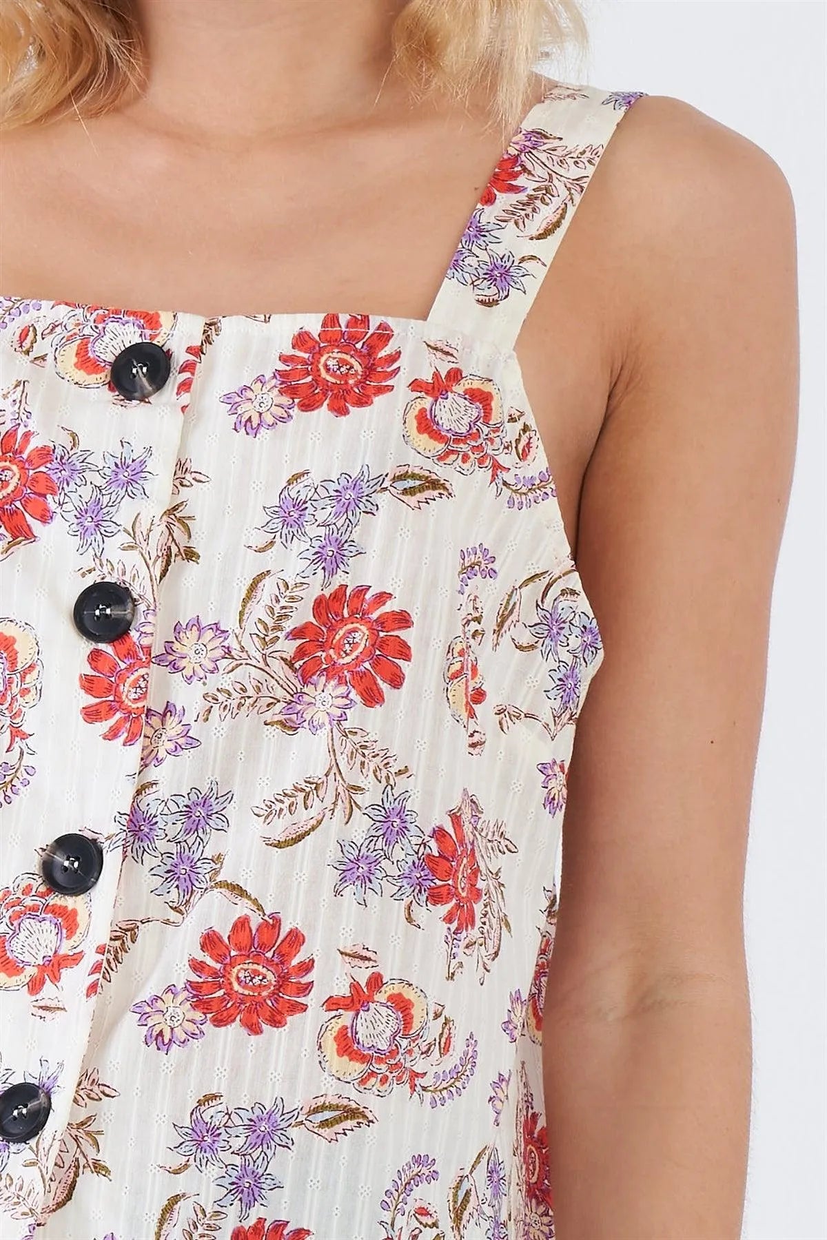 Cream Red Button Front Straight Neck Floral Tank Top /2-2-1 - Tasha Apparel Wholesale