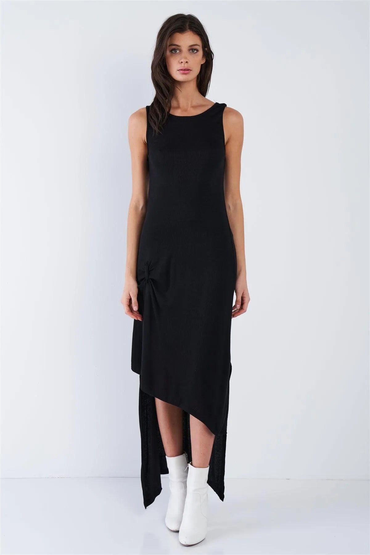 Wholesale Black Ribbed Asymmetrical High-Low Maxi Dress