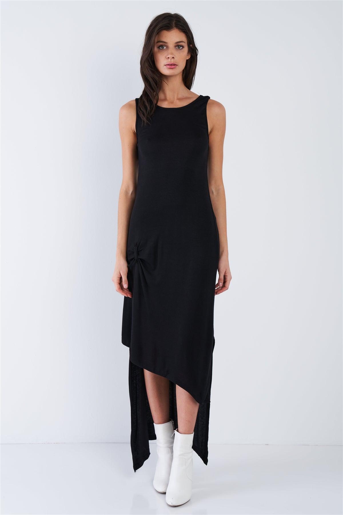Black Ribbed Asymmetrical High-Low Maxi Dress