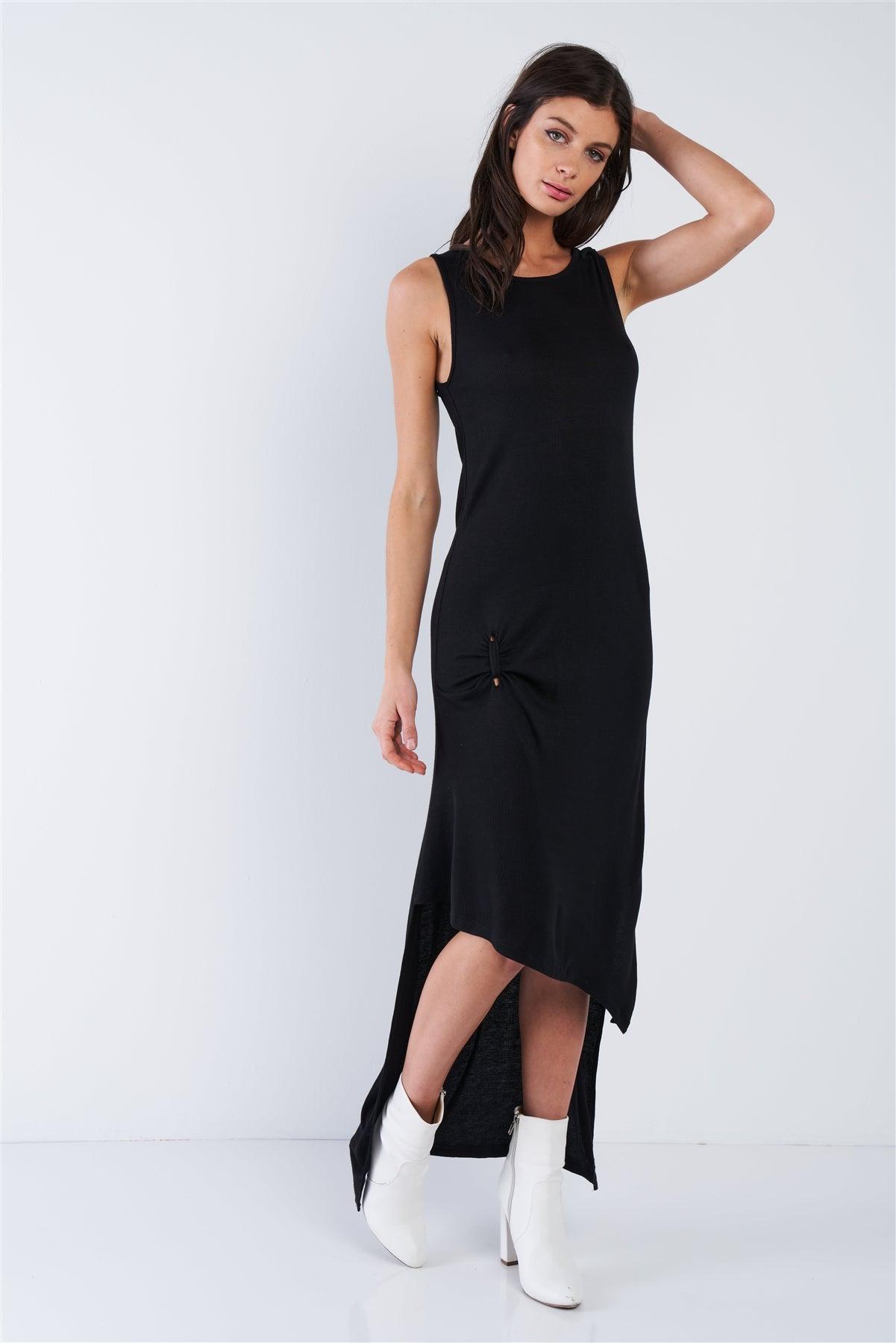 Black Ribbed Asymmetrical High-Low Maxi Dress