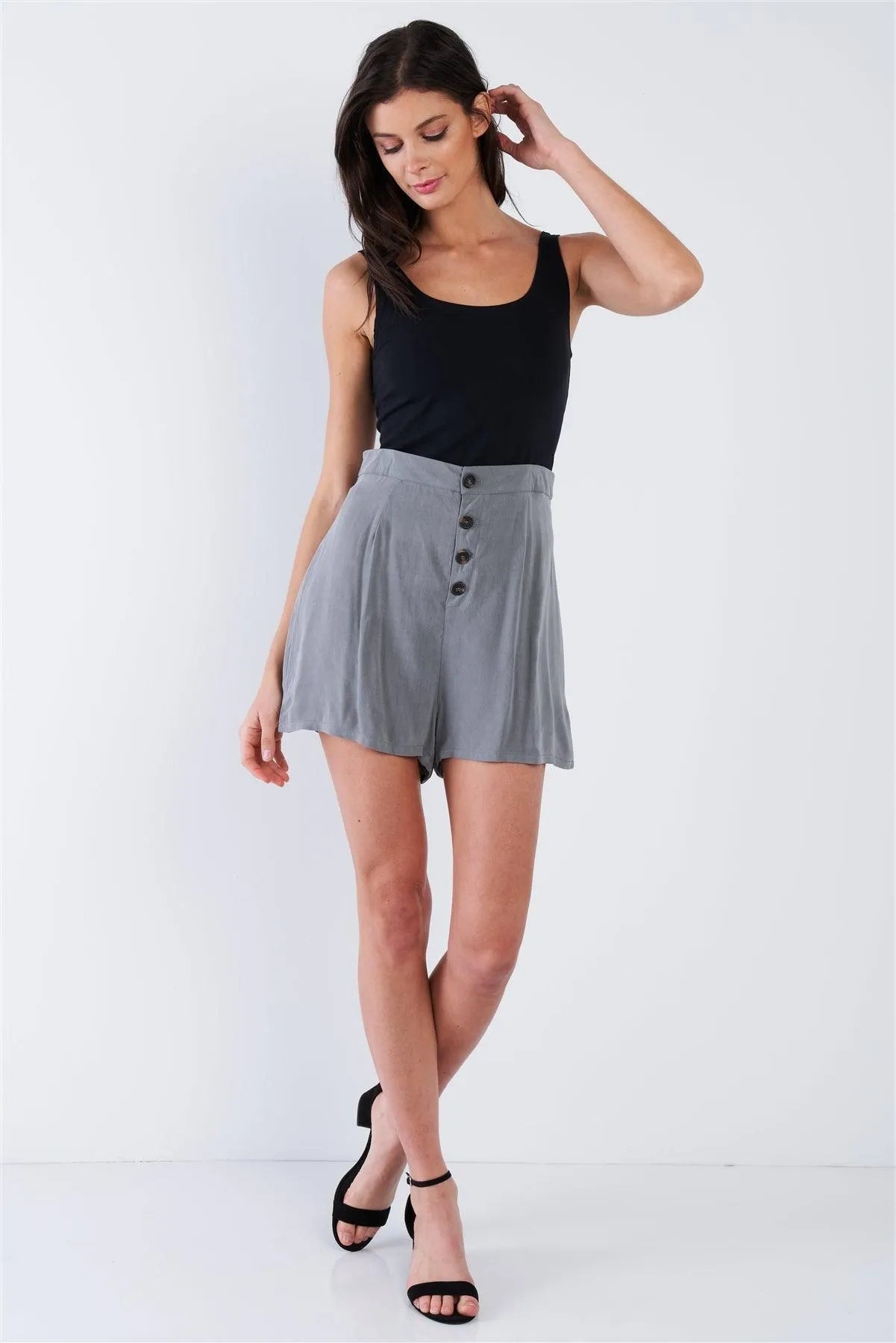 Charcoal Grey Casual Chic Mini Front Button Shorts /4-2-1 - Tasha Apparel Wholesale