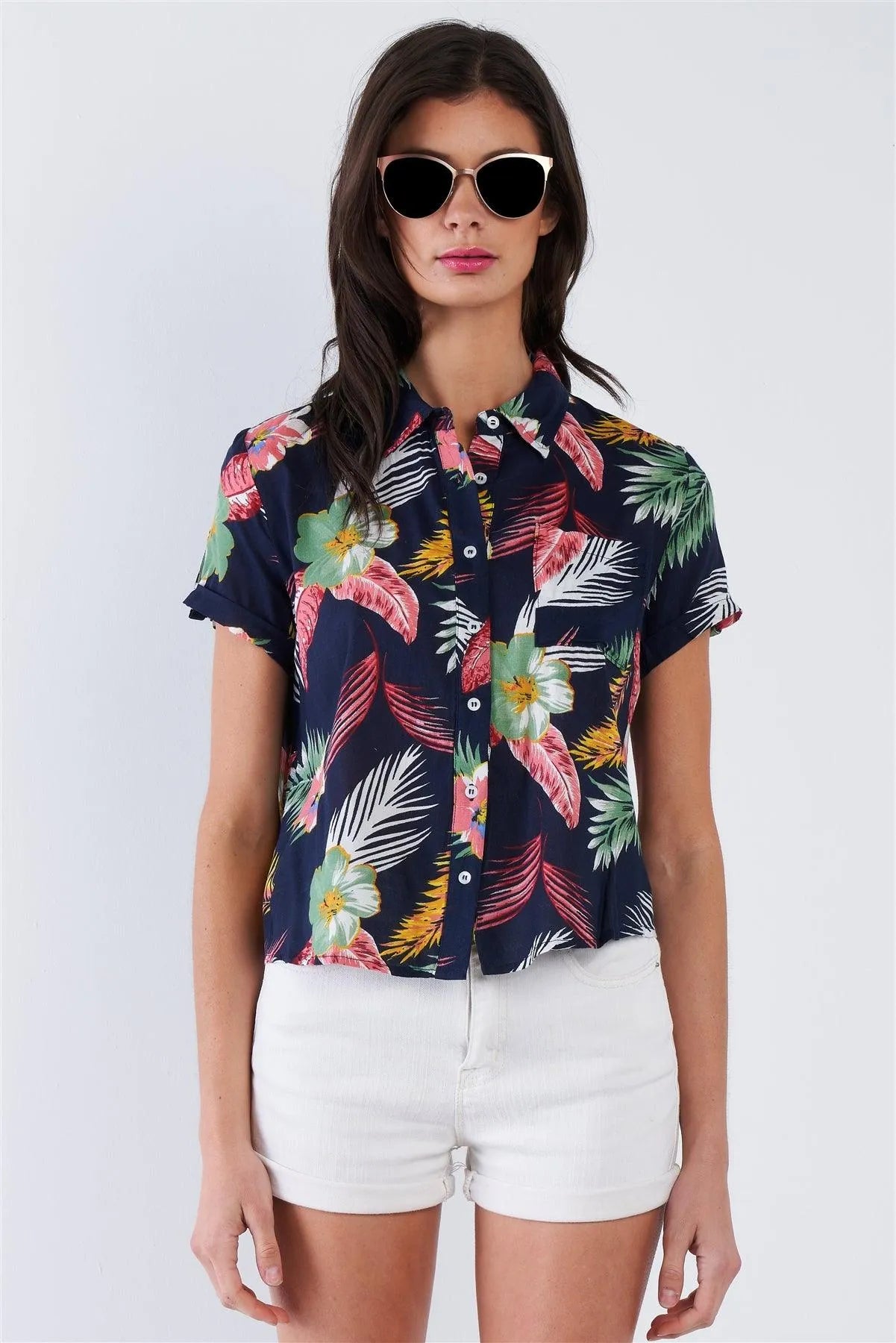 Navy Tropical Floral Print Button Down Short Sleeve Top /3-2-1 - Tasha Apparel Wholesale