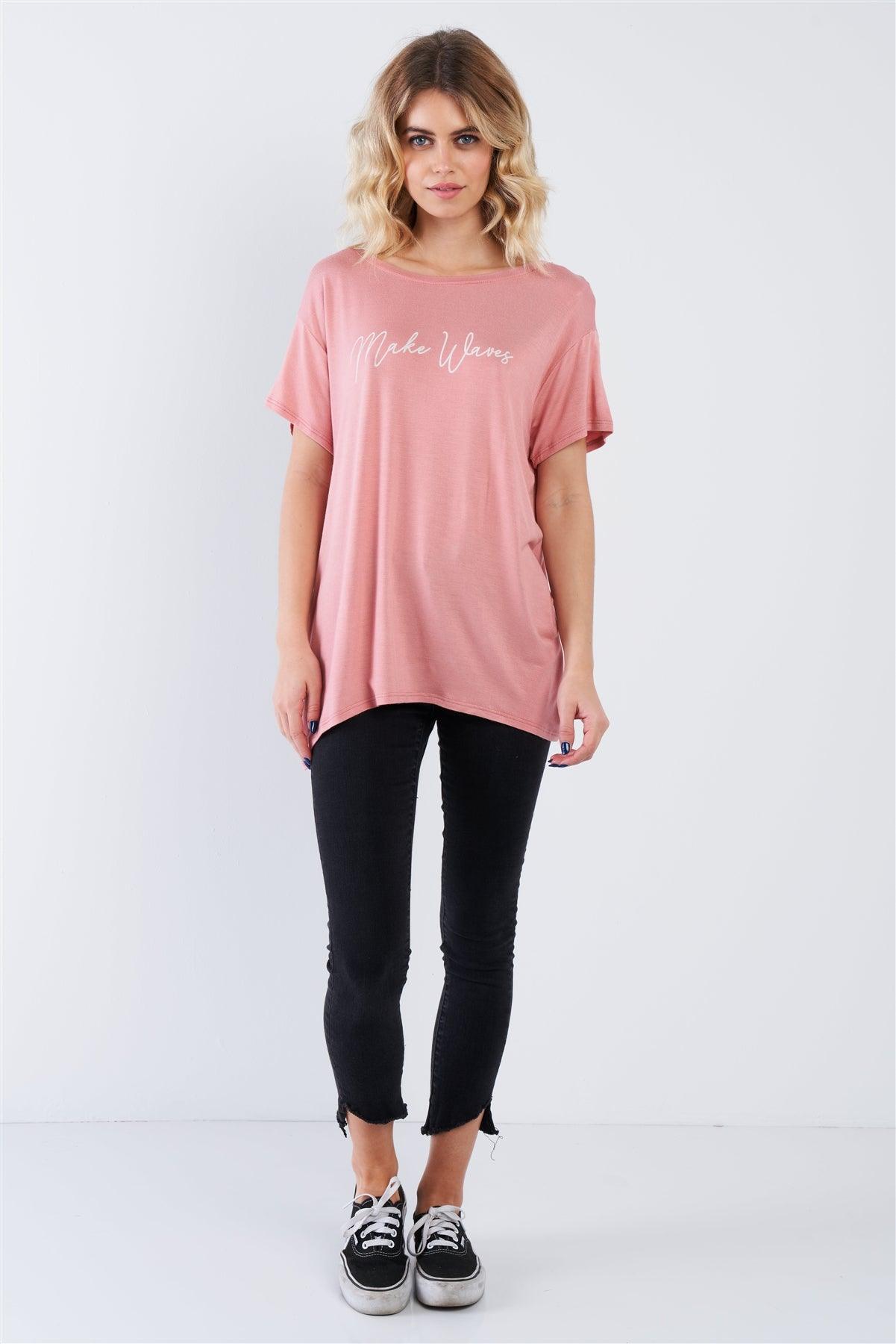 Pink "Make Waves" Logo Short Sleeve Asymmetrical Hem Top /3-2 - Tasha Apparel Wholesale