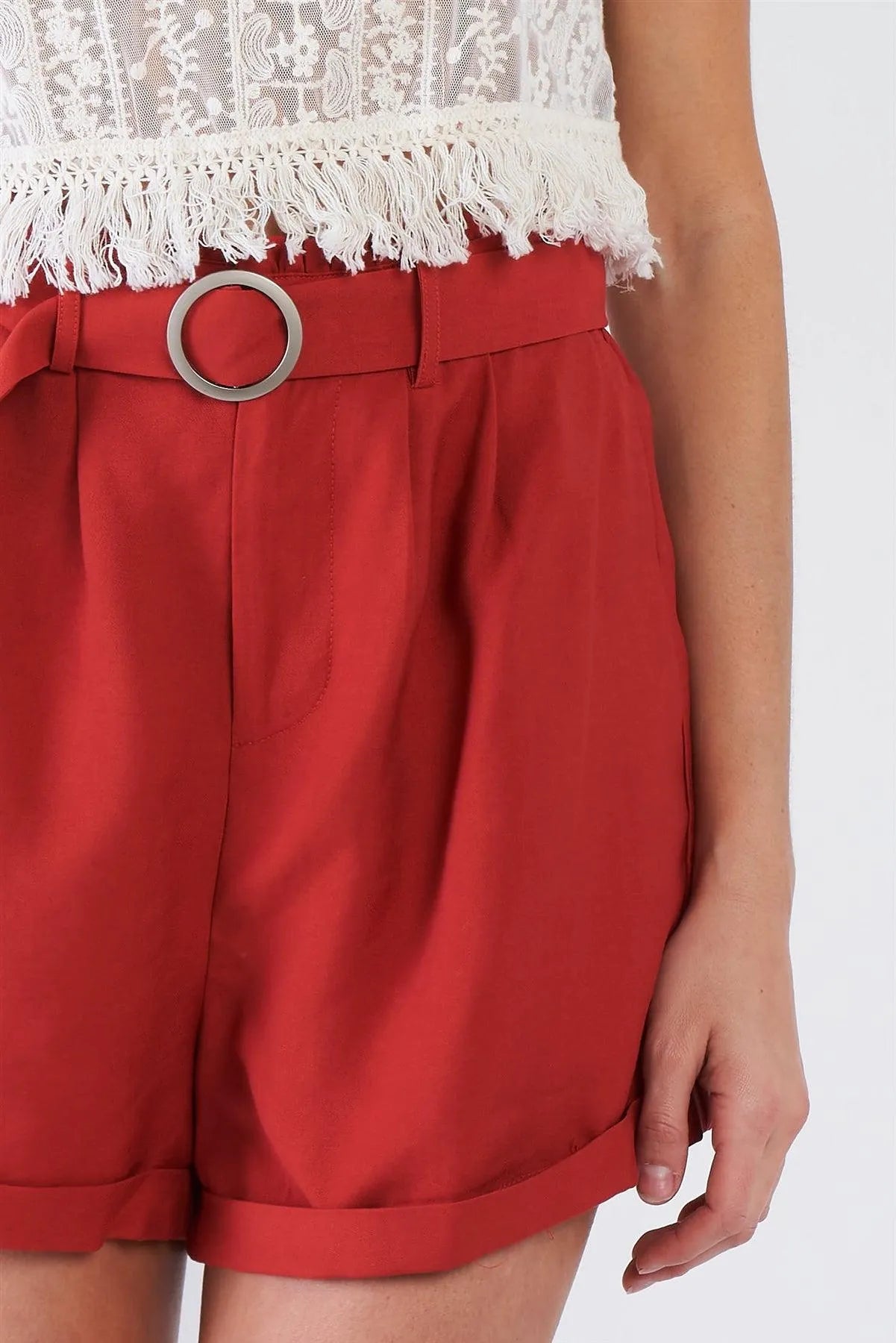 Spice Red Frill Trim High Waist Belted Boho Chic Shorts /3-2-1 - Tasha Apparel Wholesale