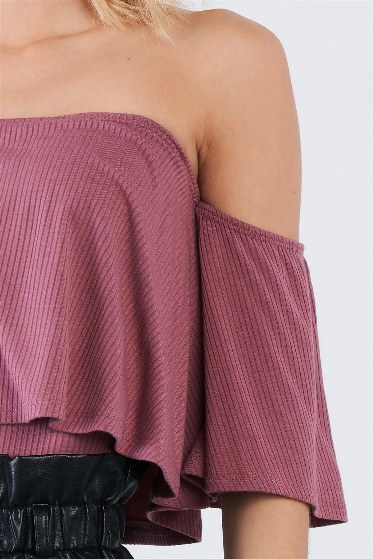 Dusty Pink Ribbed Off-The-Shoulder Flounce Trim Bodysuit /1-2-1 - Tasha Apparel Wholesale