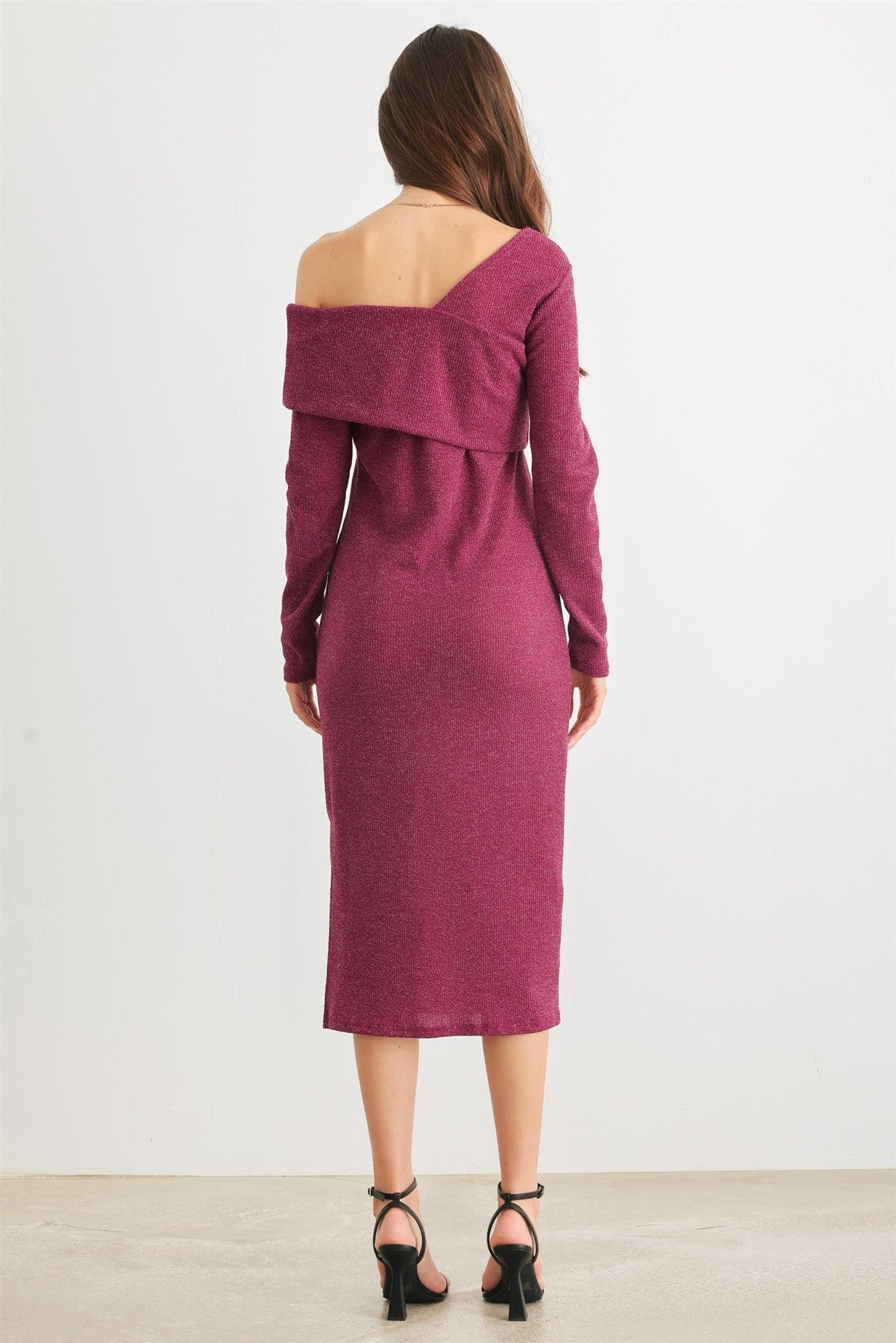 Magenta Knit Cold Shoulder Long Sleeve Collar Neck Midi Dress /2-2-2
