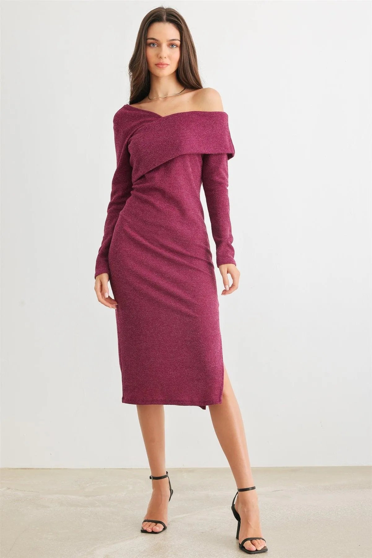 Knit Cold Shoulder Collar Neck Midi Dress /2-2-2 Knit Cold Shoulder Collar Neck Midi Dress /2-2-2