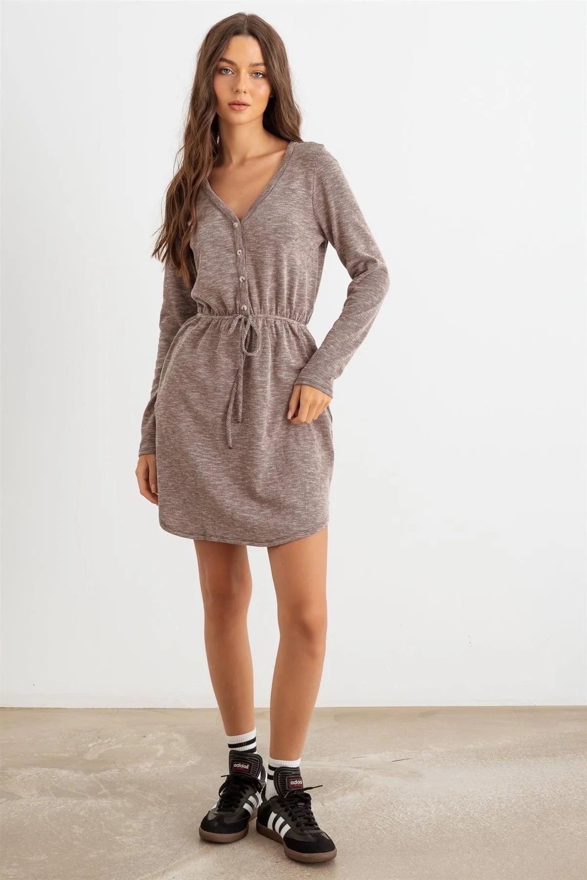 Chocolate Ribbed Button Neck Two Pocket Long Sleeve Mini Dress /2-2-2 - Tasha Apparel Wholesale