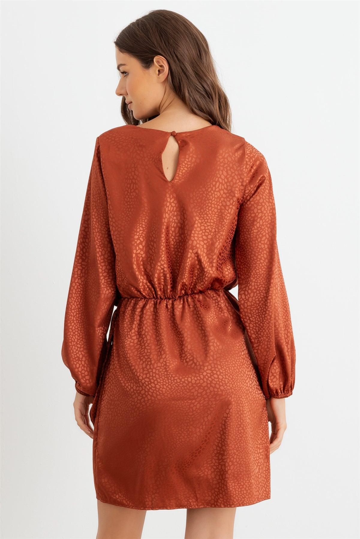 Rust Printed Satin Wrap Hem Long Sleeve Mini Dress /2-2-2
