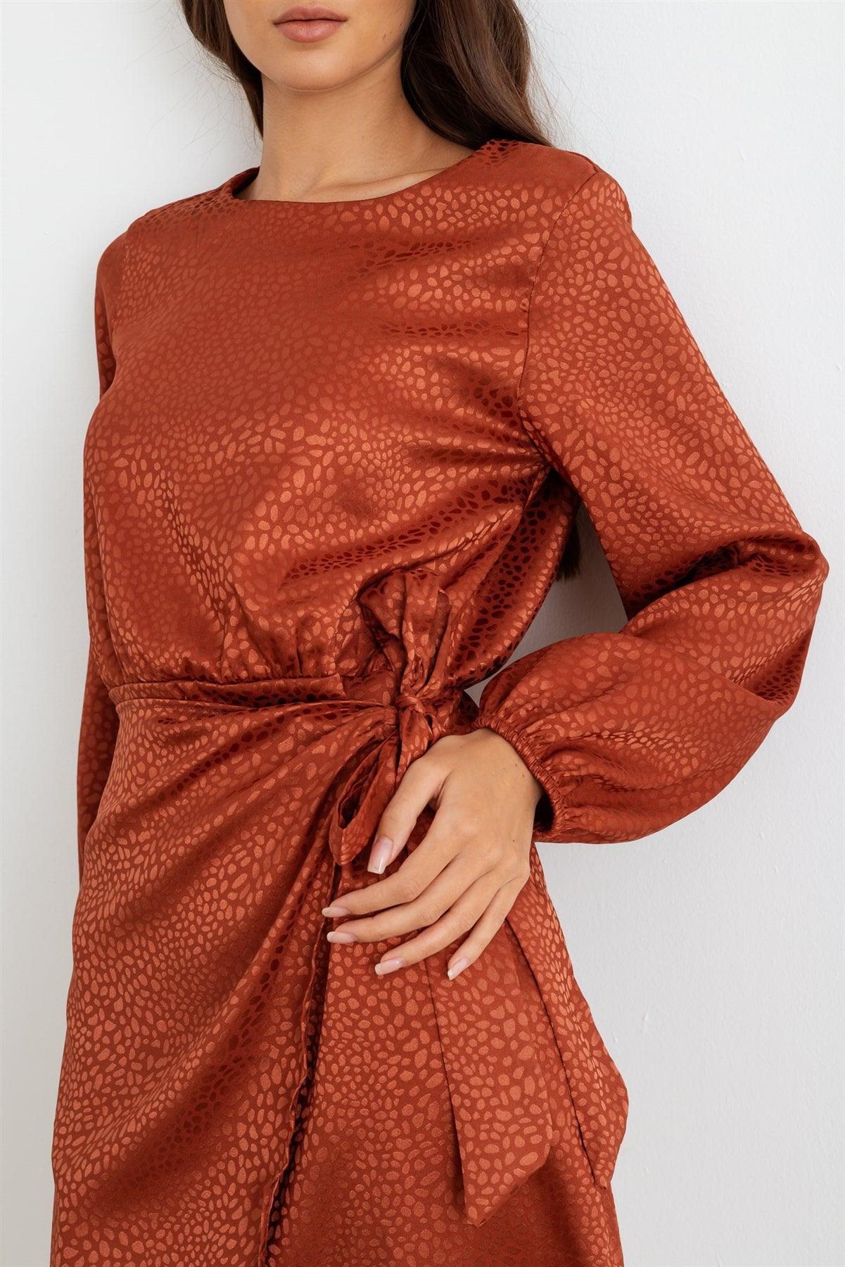 Rust Printed Satin Wrap Hem Long Sleeve Mini Dress /2-2-2