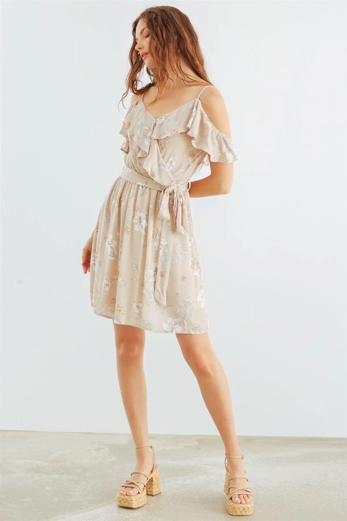 Taupe & White Floral Cold Shoulder Wrap Neck Ruffle Belted Mini Dress /2-2-2 - Tasha Apparel Wholesale