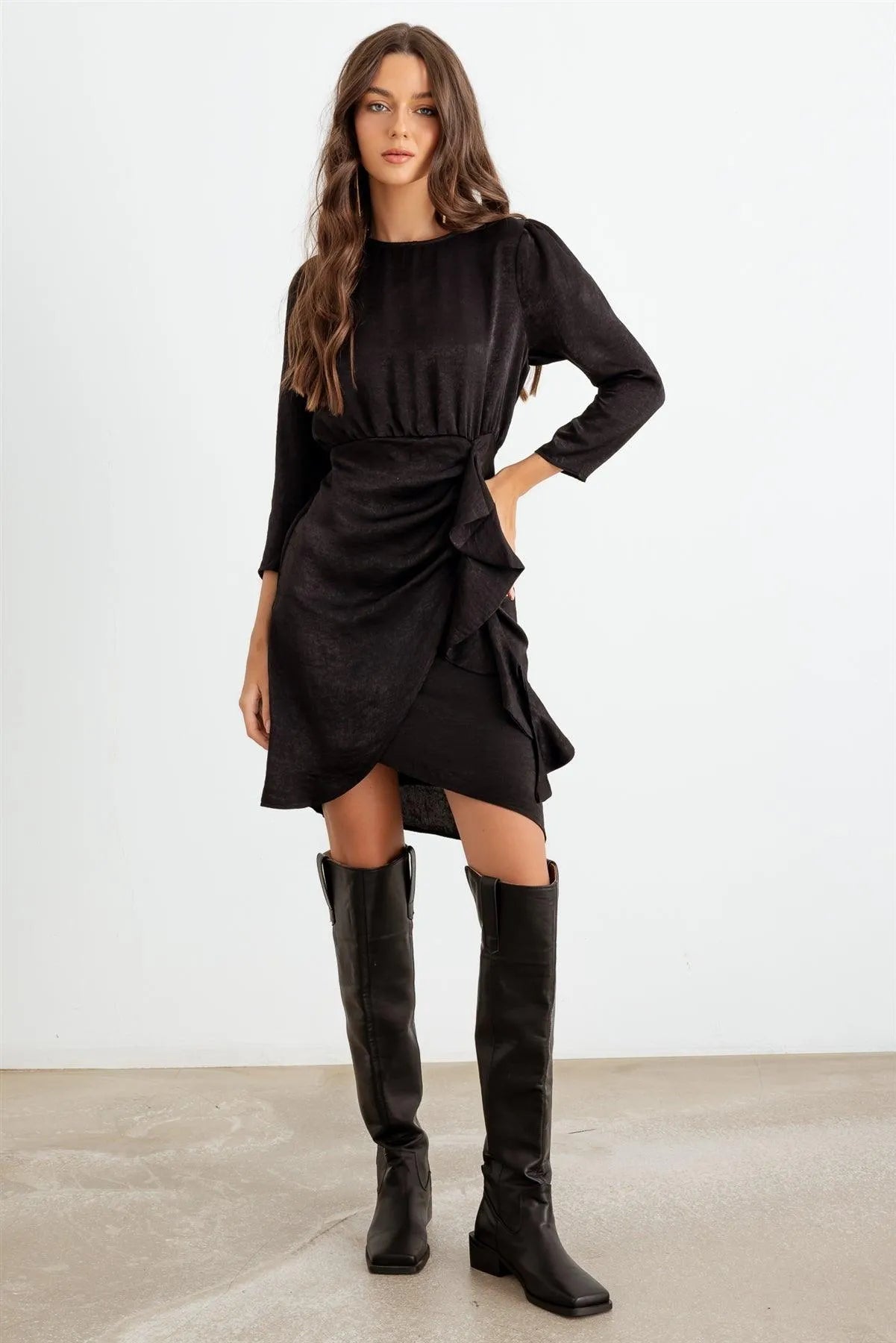 Black Satin Midi Sleeve Ruffle Side Wrap Mini Dress /3-2-2 - Tasha Apparel Wholesale