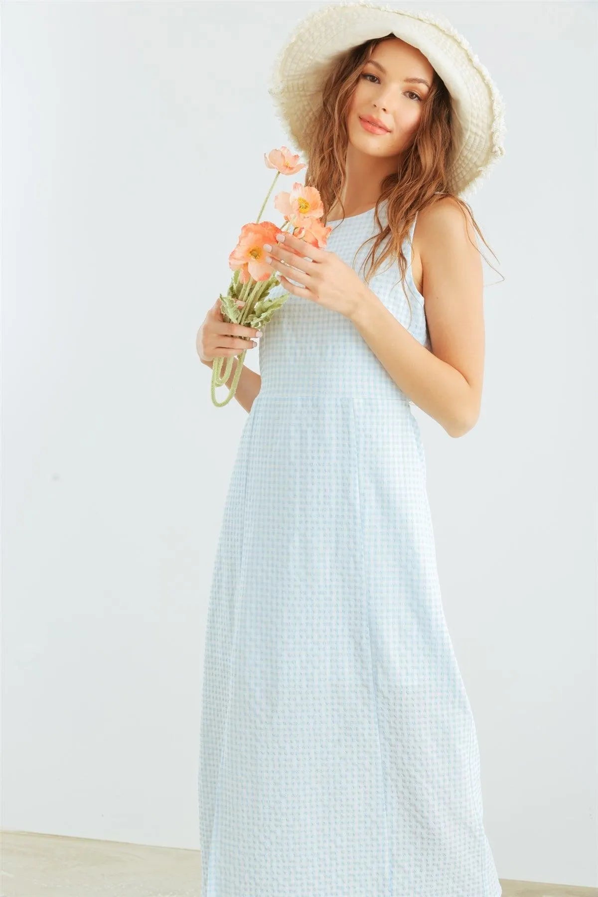 White & Blue Plaid Sleeveless Cut-Out Back Midi Dress /2-2-2 - Tasha Apparel Wholesale