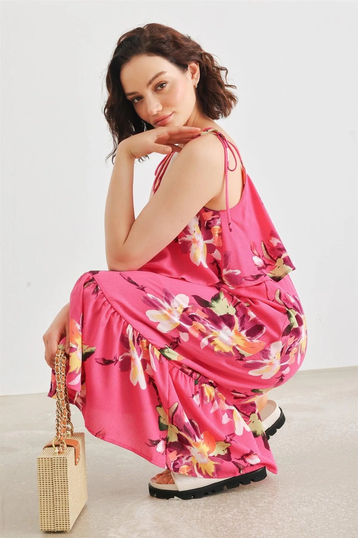 Magenta Floral Sleeveless Flare Detail Midi Dress /2-2-2 - Tasha Apparel Wholesale