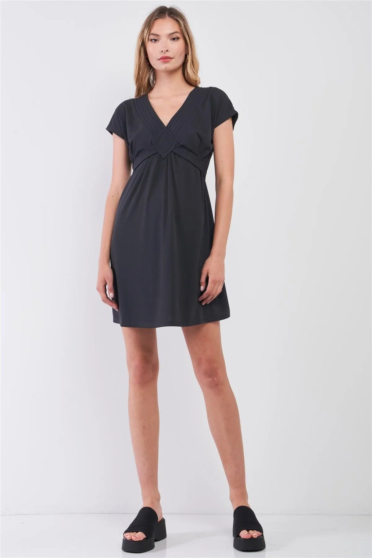 Dusty-Navy V-Neck Short Sleeve Front Rhombus Detail Back Tie Mini Dress /1-2-2-1 - Tasha Apparel Wholesale