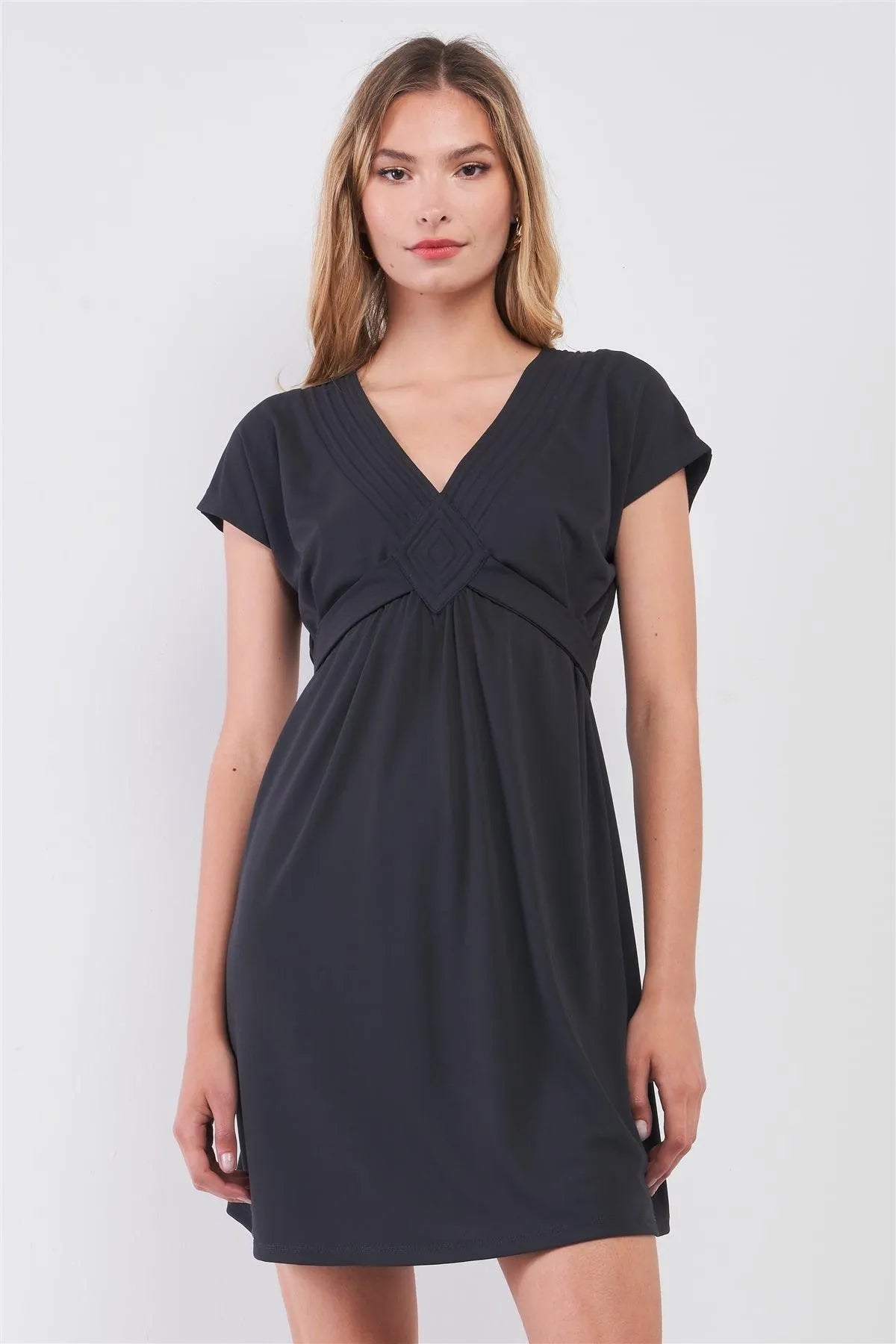 Dusty-Navy V-Neck Short Sleeve Front Rhombus Detail Back Tie Mini Dress /2-2-2 - Tasha Apparel Wholesale