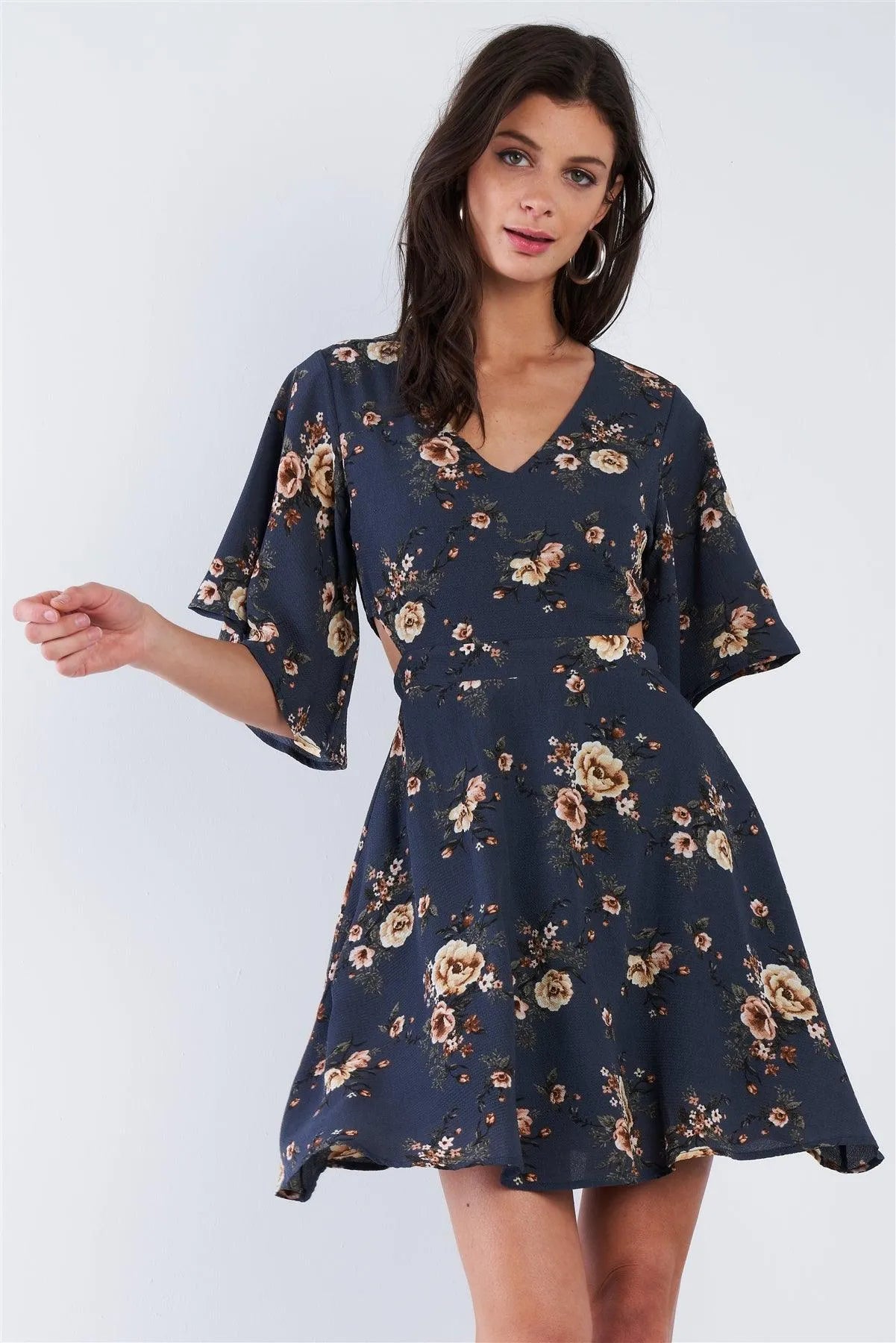 Blue Side Cut Out Multi Floral Print Kimono Sleeve Mini Dress /1-2-1 - Tasha Apparel Wholesale