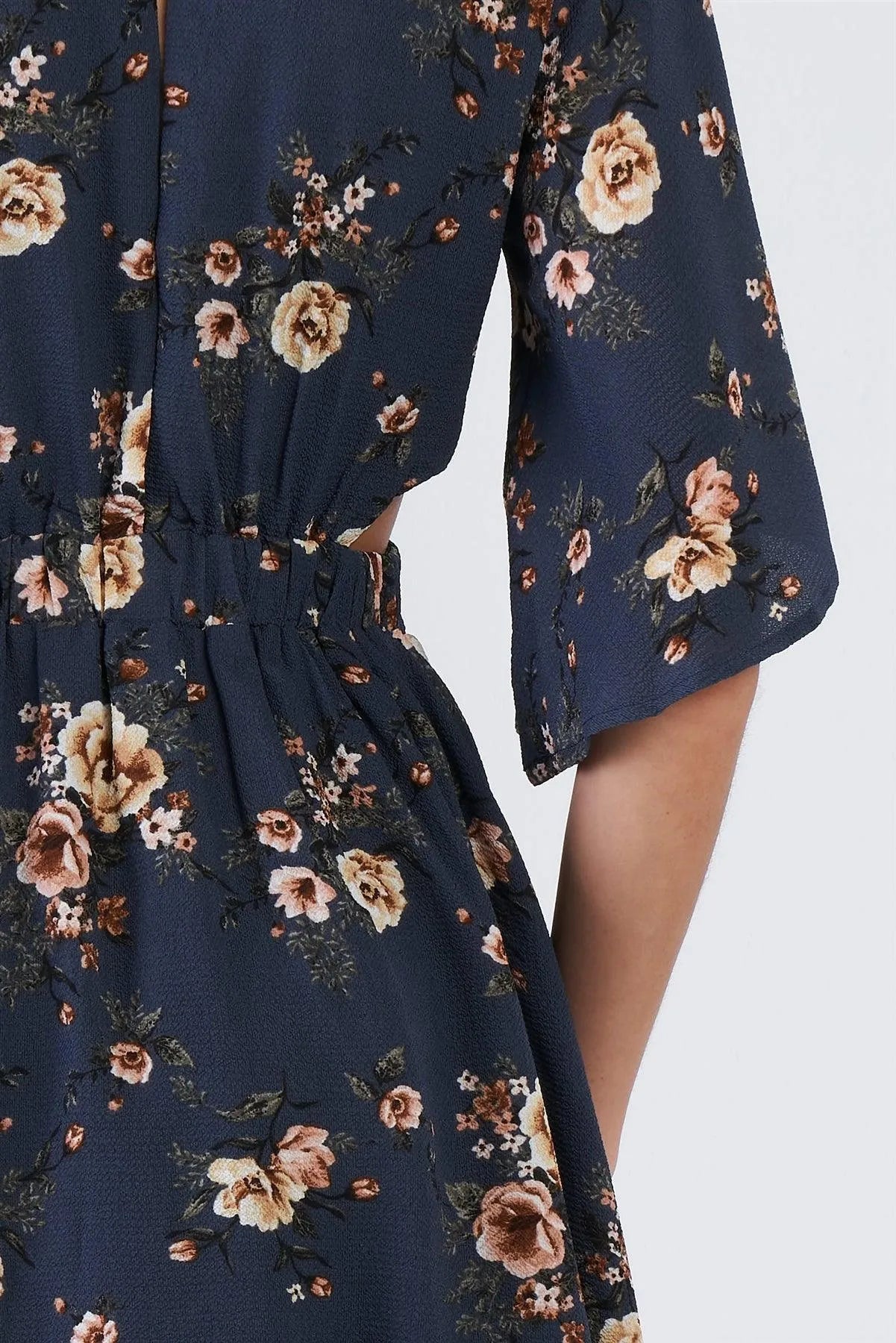Blue Side Cut Out Multi Floral Print Kimono Sleeve Mini Dress /3-2-1 - Tasha Apparel Wholesale