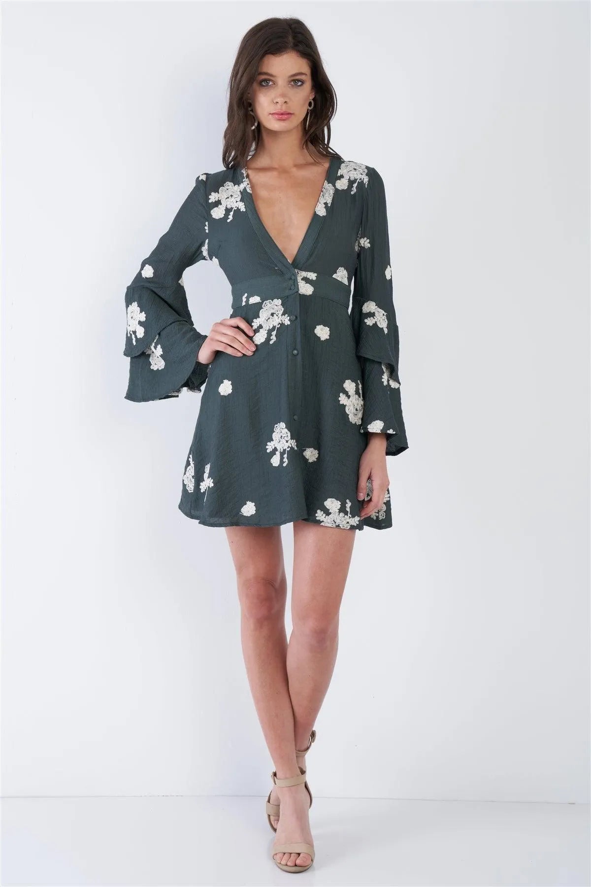 Teal Green Chic Floral V-Neck Layered Trumpet Sleeve Mini Dress /3-2-1 - Tasha Apparel Wholesale